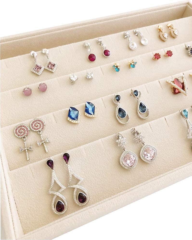 Premium Beige Velvet Jewelry Organizer Tray - Stackable Earring Drawer Insert & Closet Storage Solution for Necklaces, Rings & Bracelets | Perfect for Bedroom Vanity, Travel & Gift Giving