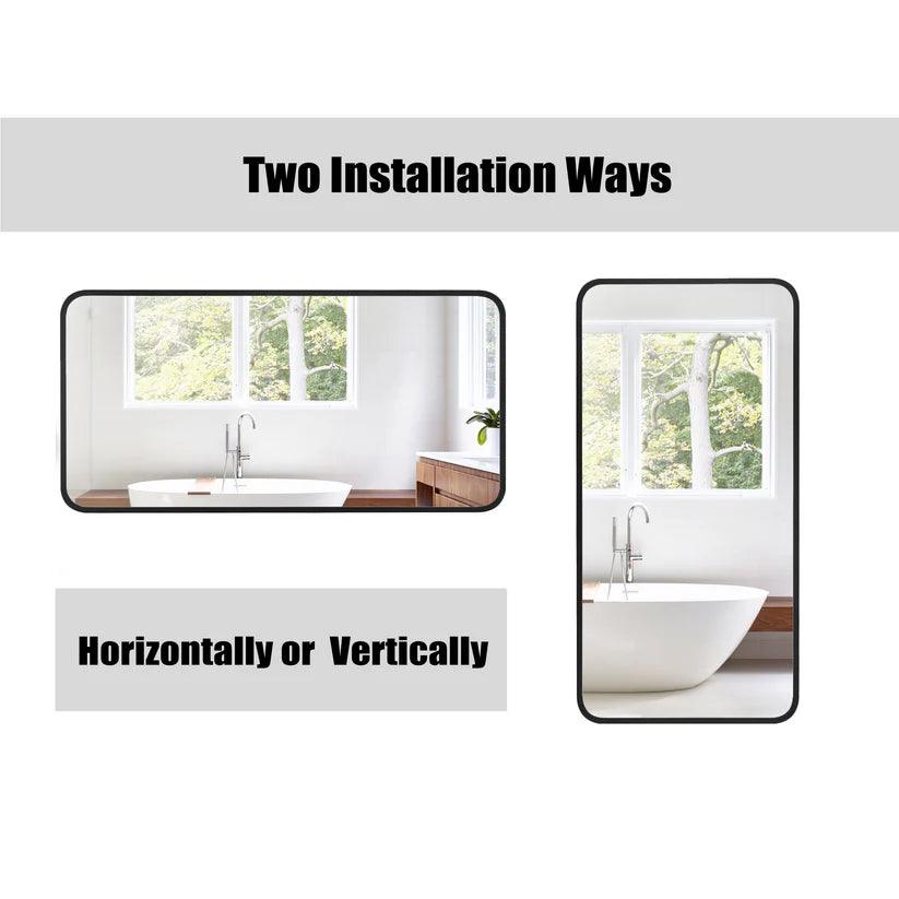 Modern Black Aluminum Framed Wall Mirror - Sleek Soft Corner Design for Living Room, Bedroom & Entryway Decor