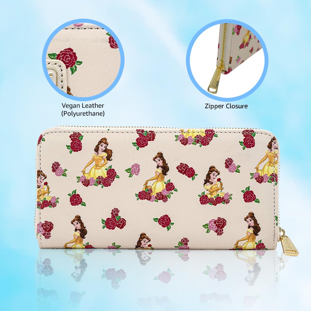 Loungefly Beauty and the Beast Belle Rose Print Faux Leather Wallet - Disney Princess Collection for Women, Gift for Fans, Perfect for Cosplay & Theme Park Visits