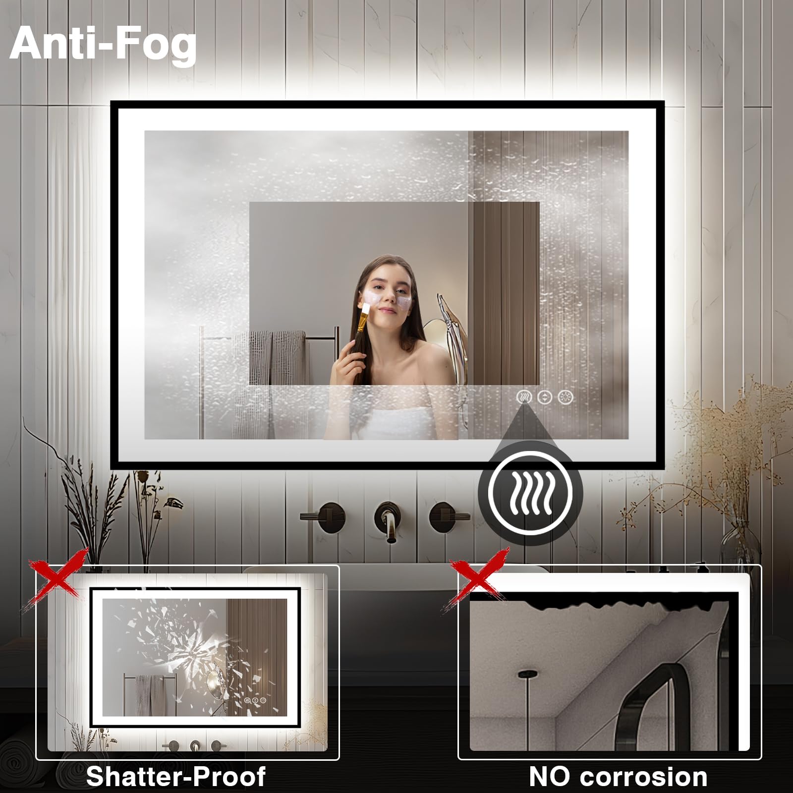 44x30 Inch LED Bathroom Mirror with Anti-Fog & Dimmable Touch Control - Black Framed Vanity Mirror with Bright Adjustable Lighting for Makeup, Shaving - Waterproof Horizontal/Vertical Mounting for Bathroom, Bedroom, Dressing Room