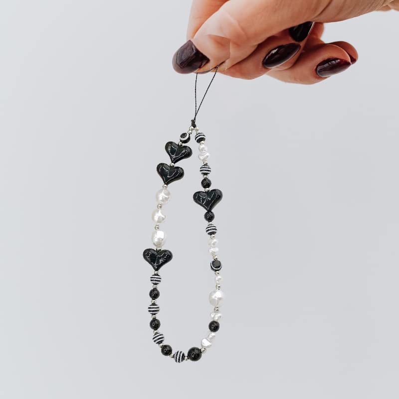 Black Heart Pearl Beaded Phone Lanyard Wrist Strap for Women & Girls - Stylish Phone Charm with Pearls, Elegant Beaded Phone Chain, Perfect for Everyday Use, Parties, and Gifts