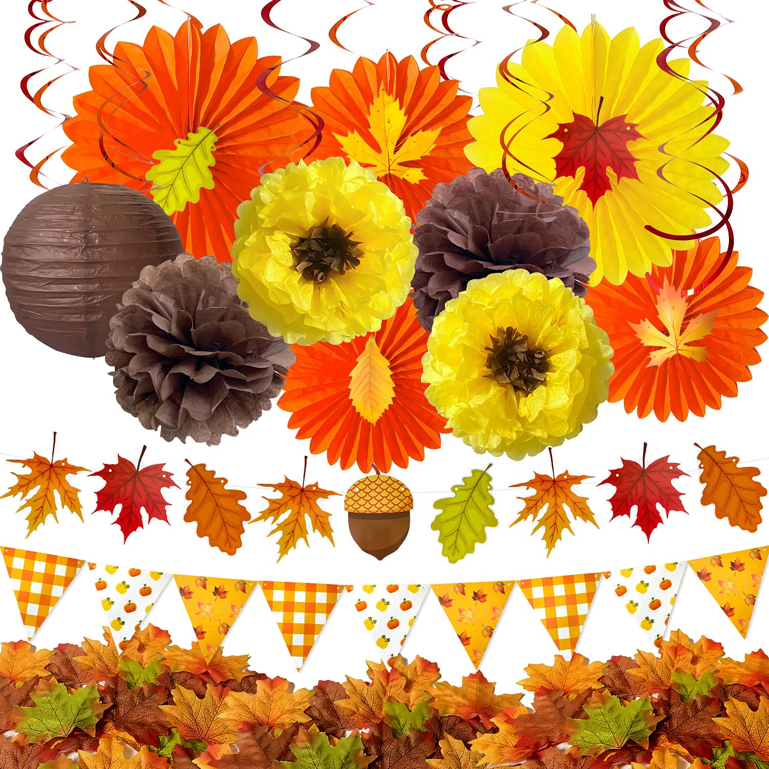 Orange Autumn Hanging Paper Fans & Pom Poms - Thanksgiving Party Decorations with Maple Leaves, Streamers & Lanterns for Fall Weddings, Birthdays & Seasonal Celebrations | Perfect for Home, Office & Outdoor Thanksgiving Decor