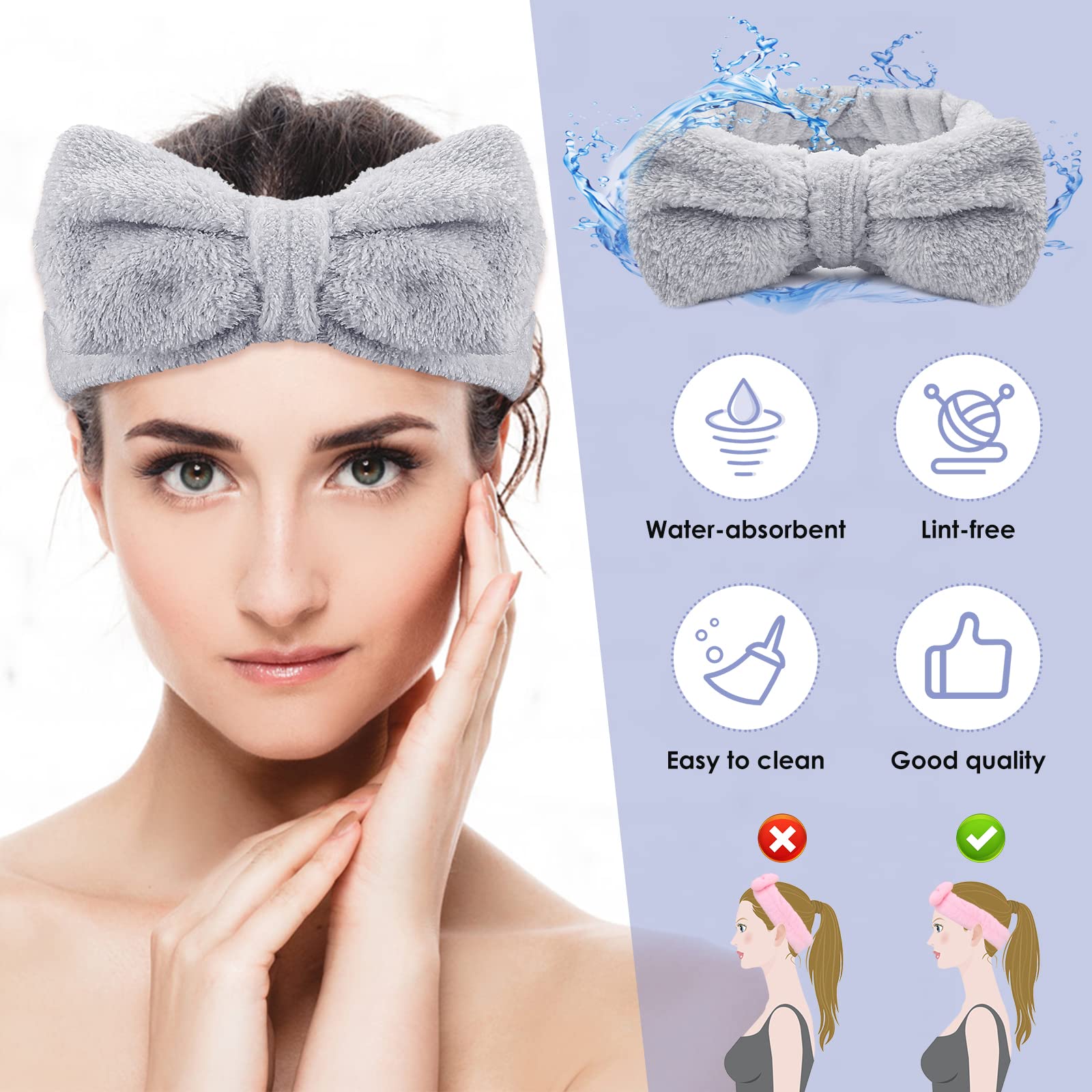 Molain Spa Headband for Women - Soft Coral Fleece Elastic Hair Band with Bowknot Design, Perfect for Washing Face, Shower, Skincare & Sports | Grey Beauty Accessory