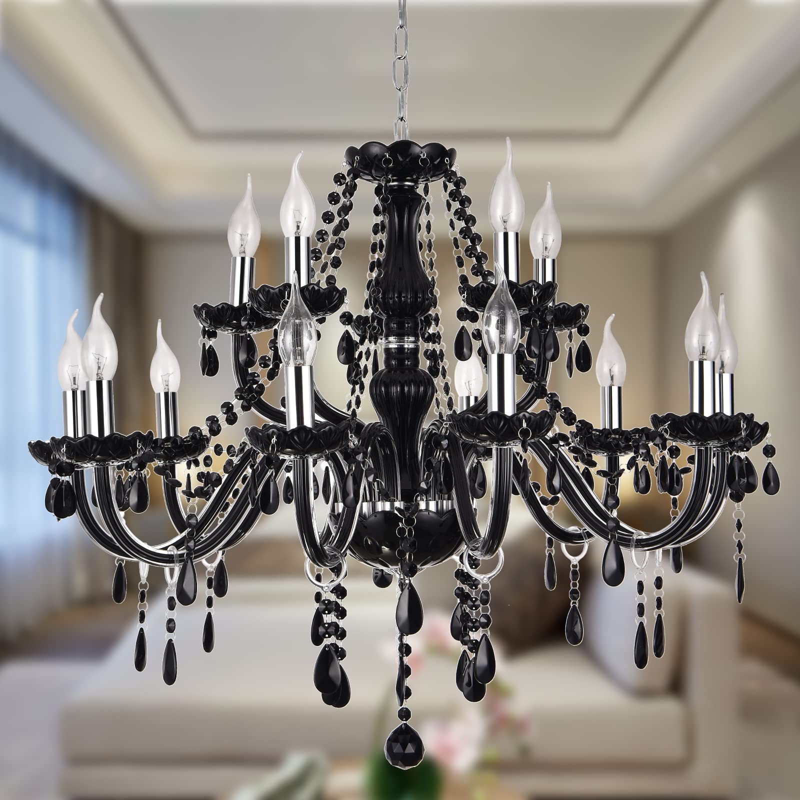 15-Light K9 Black Crystal Chandelier - Elegant Gothic Style Raindrop Light Fixture with Adjustable Chain | Luxury Dining Room Chandelier for Formal Dining, Wedding Venues & Victorian Home Decor | W31 x H25.6 Inches