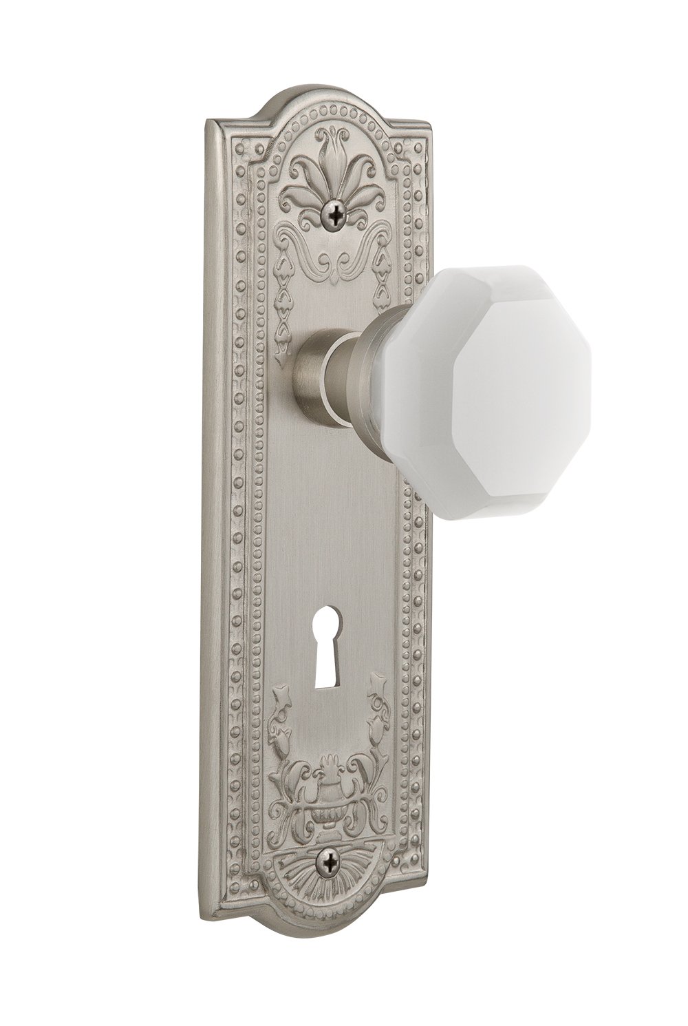Nostalgic Warehouse 748825 Waldorf White Milk Glass Knob - Double Dummy Satin Nickel Cabinet Pull with Keyhole Plate | Vintage Style Hardware for Kitchen Cabinets, Dressers & Furniture Restoration
