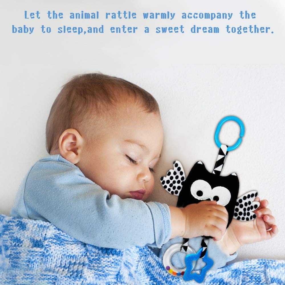 High Contrast Baby Toys for 0-12 Months - Animal Hanging Rattles with Teethers | 4-Pack Infant Sensory Toys for Car Seat & Stroller | Perfect Newborn Birthday Gift for Brain Development & Visual Stimulation