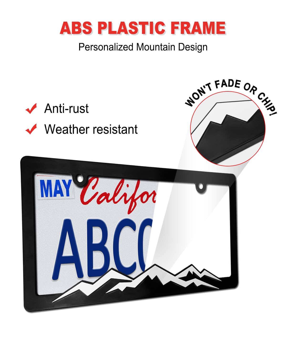 Mountain License Plate Frames - 2 Pack Black Plastic Car Tag Holder Bracket with Screw Caps & Vinyl Sticker (2 Hole, White on Black) - Perfect for Off-Road Vehicles, Trucks & SUV Customization