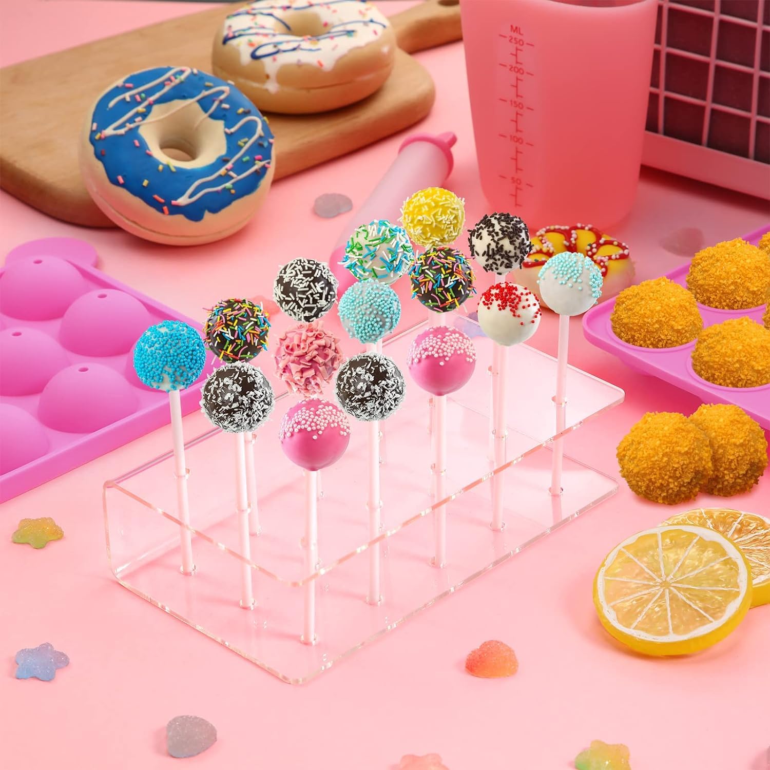 **610PCS Cake Pop Molds Kit - Lollipop Maker Set with Stand, Sticks, Wrappers, Decorating Pen, 4 Piping Tips & Measuring Cup (Pink) - Perfect for Birthday Parties, Baby Showers & DIY Dessert Decorating**