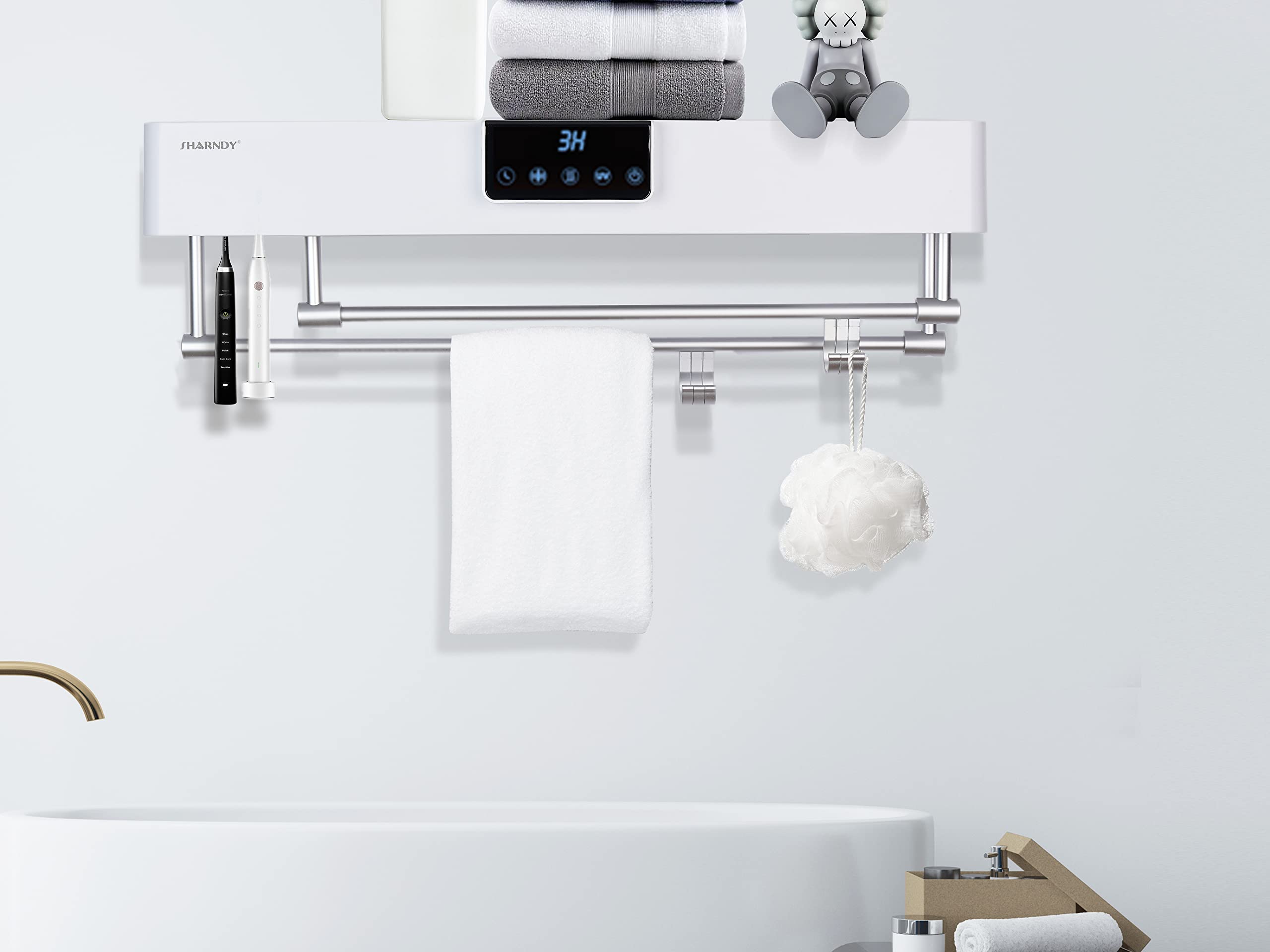 Smart Electric Towel Warmer with Toothbrush Holder & Timer - 500W Wall-Mounted Bath Towel Heater & Drying Rack for Spa-Like Luxury - Perfect for Bathrooms, Hotels, and Home Spa Relaxation
