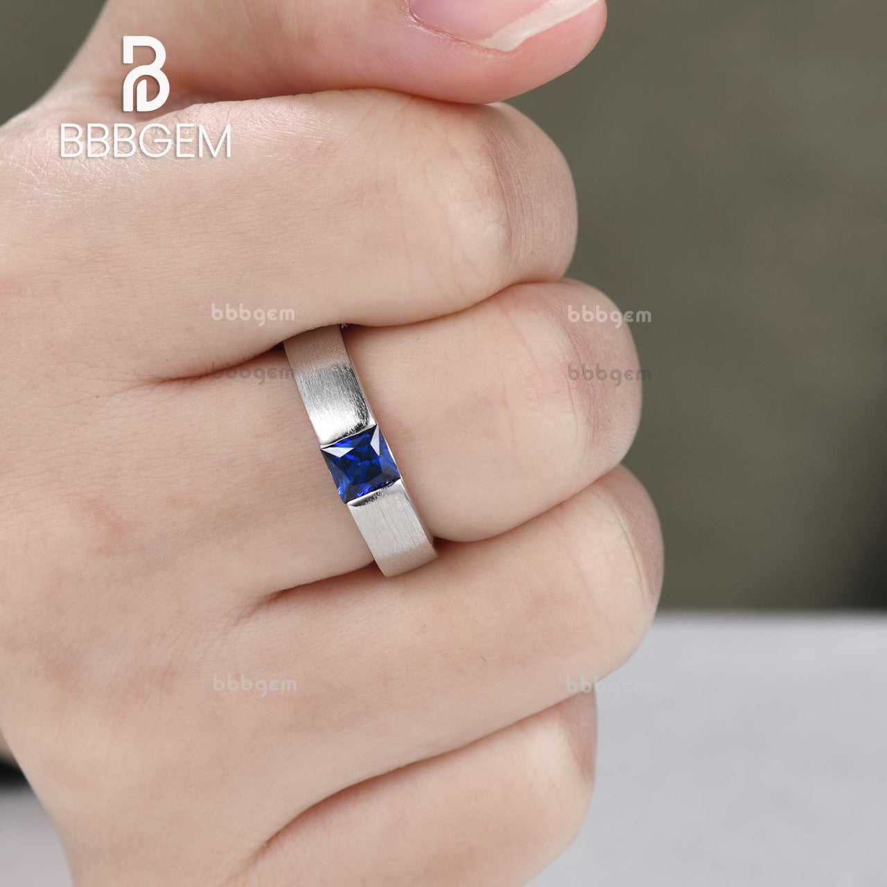Blue Sapphire Men's Ring - Princess Square Solitaire Matte Band in Brushed White Gold for Weddings & Special Occasions