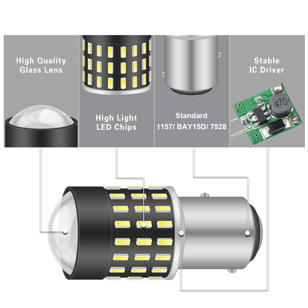 1157 BAY15D LED Bulbs - Super Bright 3014SMD 54-EX Chipsets with Lens Projector - Xenon White (Pack of 2) - 12-24V for Backup Lights, Tail Lights, Brake Lights, Reverse Lights - Perfect for Cars, Trucks, SUVs and Motorcycles