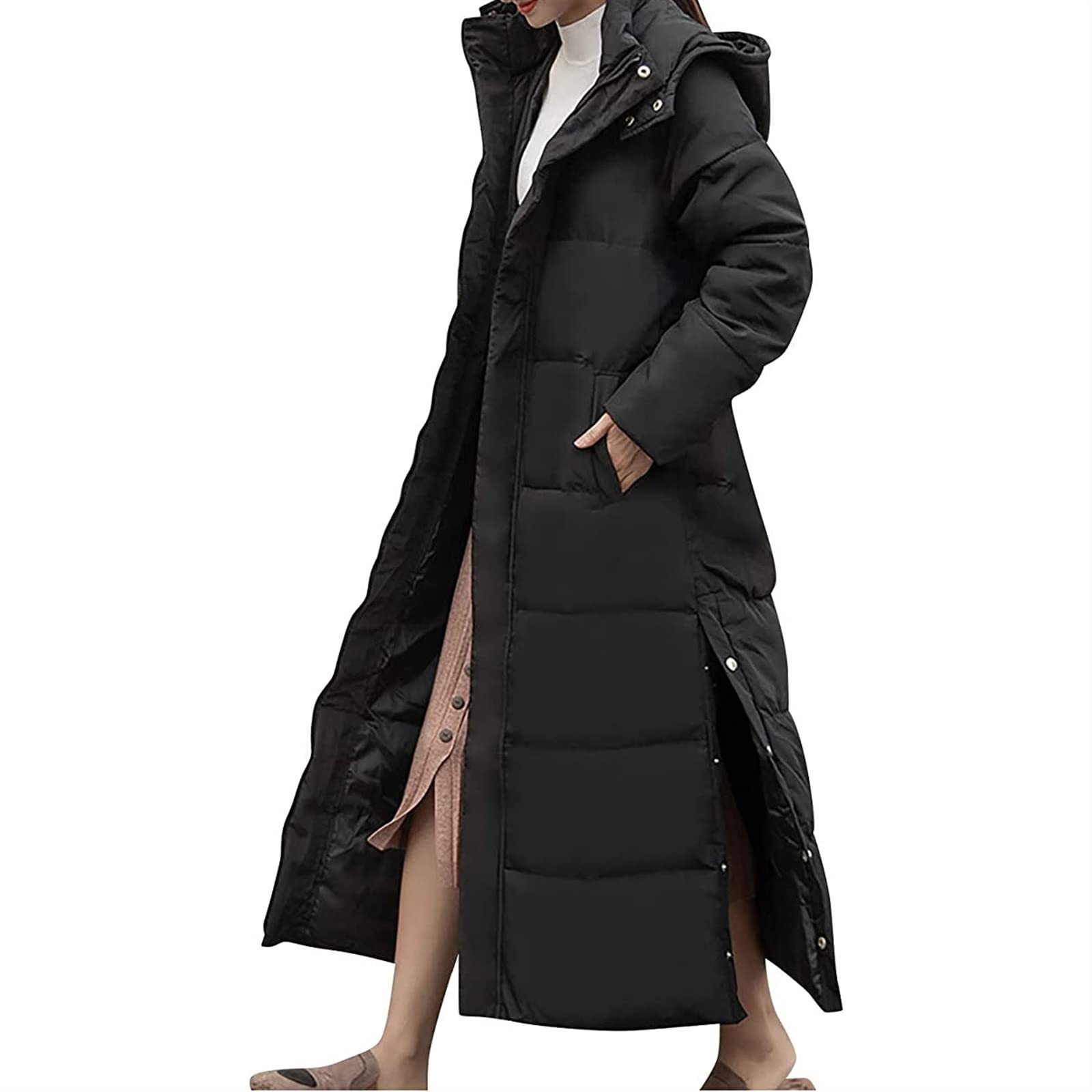Women's Long Hooded Down Jacket - Warm Quilted Padded Winter Coat with Turtleneck, Ankle-Length Monochrome Design for Cold Weather | Perfect for Snowy Days, Commuting & Outdoor Activities