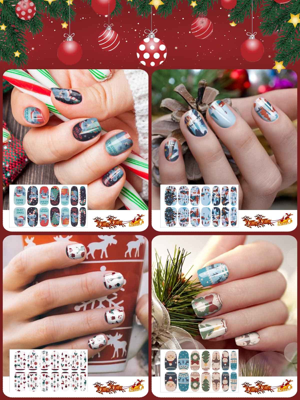 EBANKU Christmas Nail Wraps - 14 Sheets Self-Adhesive Nail Polish Stickers with Nail File | Deer, Snowman & Xmas Tree Designs for Holiday Nail Art | Perfect for Christmas Parties & Gift Giving