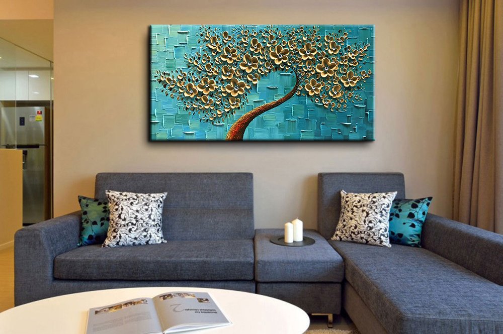 YaSheng Art - Handmade Golden Flowers Oil Painting on Canvas, Abstract Tree Texture Palette Knife Artwork, Modern Wall Decor for Bedroom, Living Room & Office (24x48 Inch) - Perfect for Home Decor, Housewarming Gifts & Interior Design