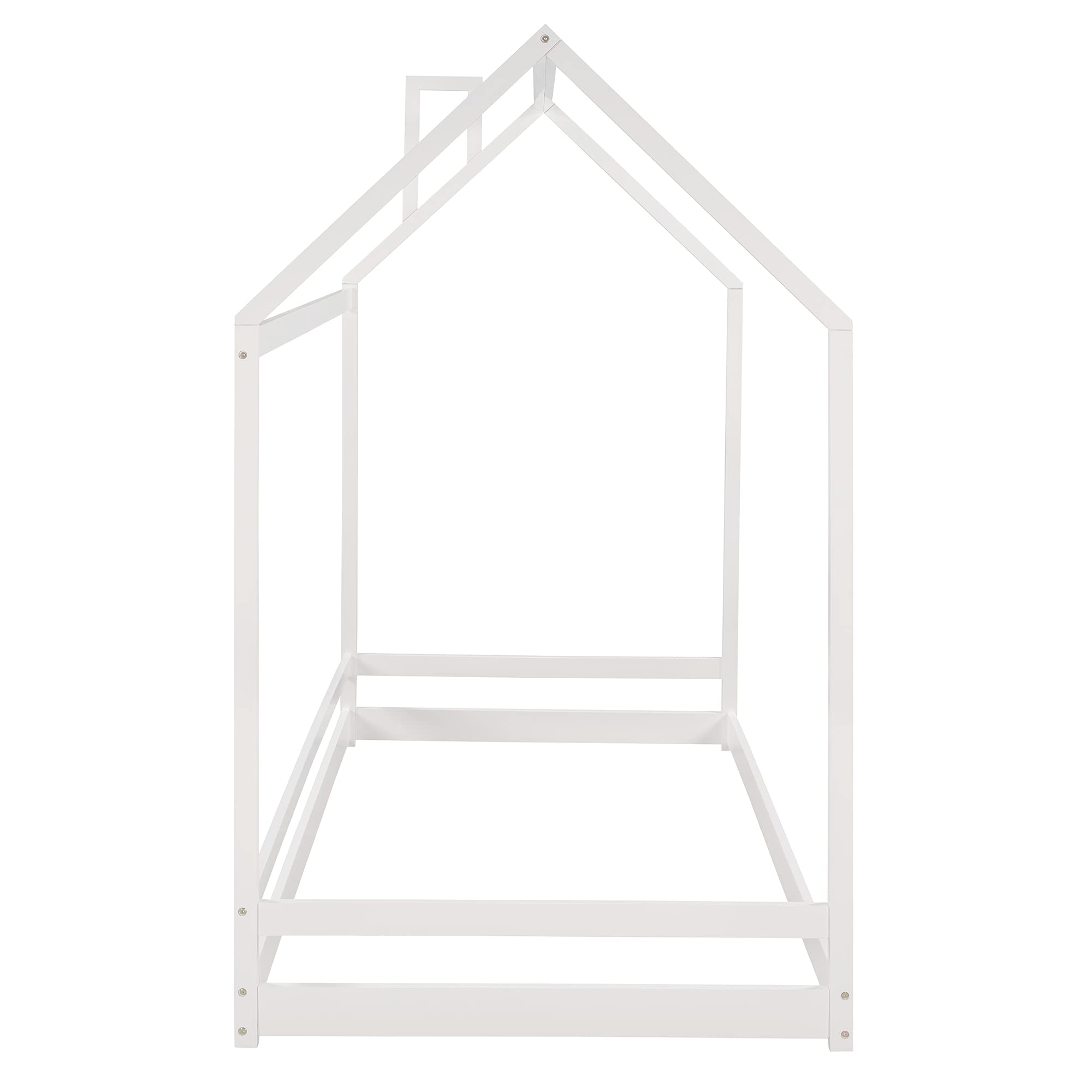**White Wooden Twin House Bed Frame with Roof for Toddlers, Kids, Boys & Girls - Floor Bed, Tent Bed Design - No Box Spring Needed - Perfect for Bedrooms, Playrooms & Kids' Sleepovers**