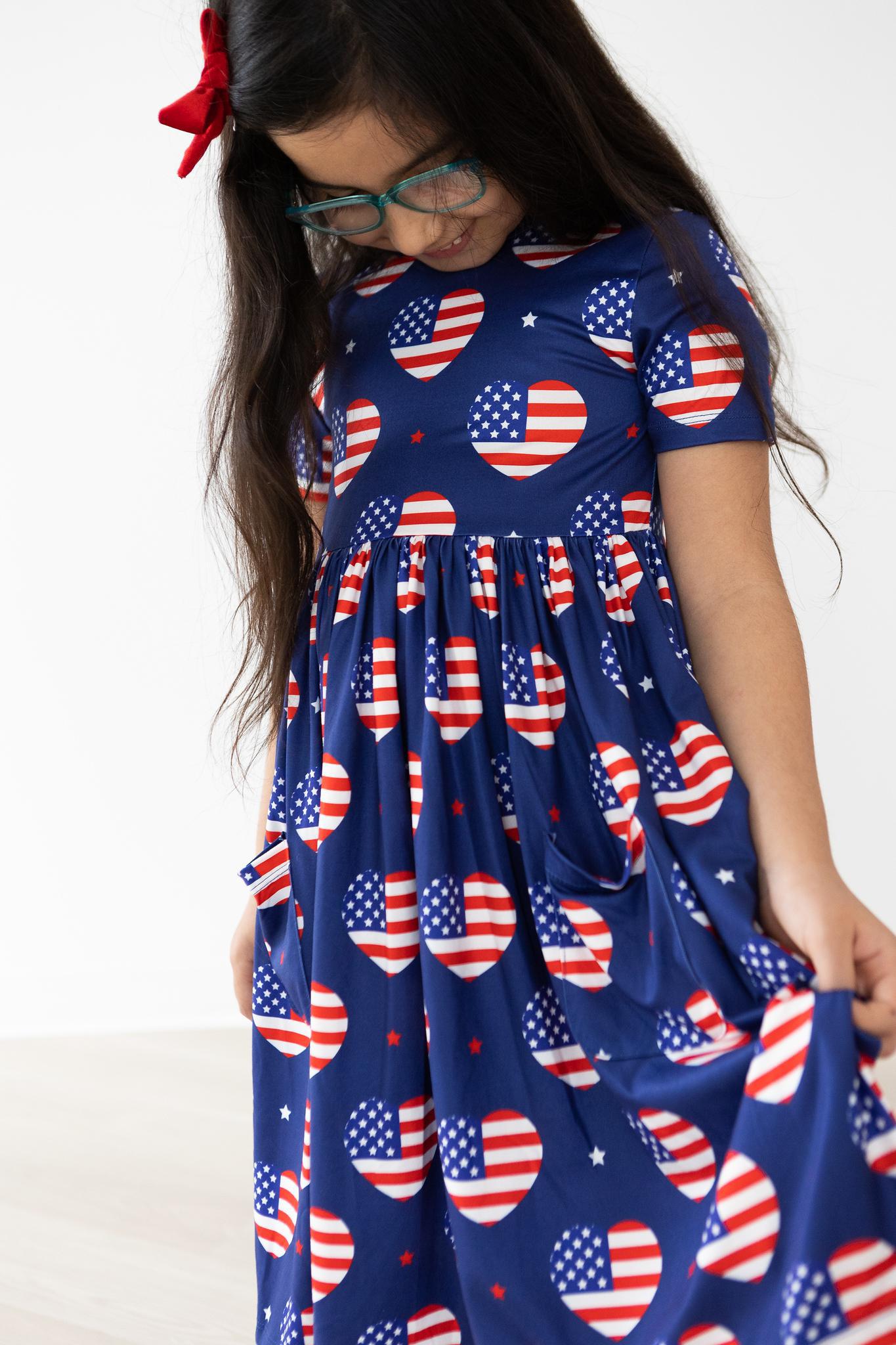 I Heart the USA Short Sleeve Pocket Twirl Dress - Casual Summer Swing Dress for Women, Perfect for Picnics, Parties & Patriotic Events