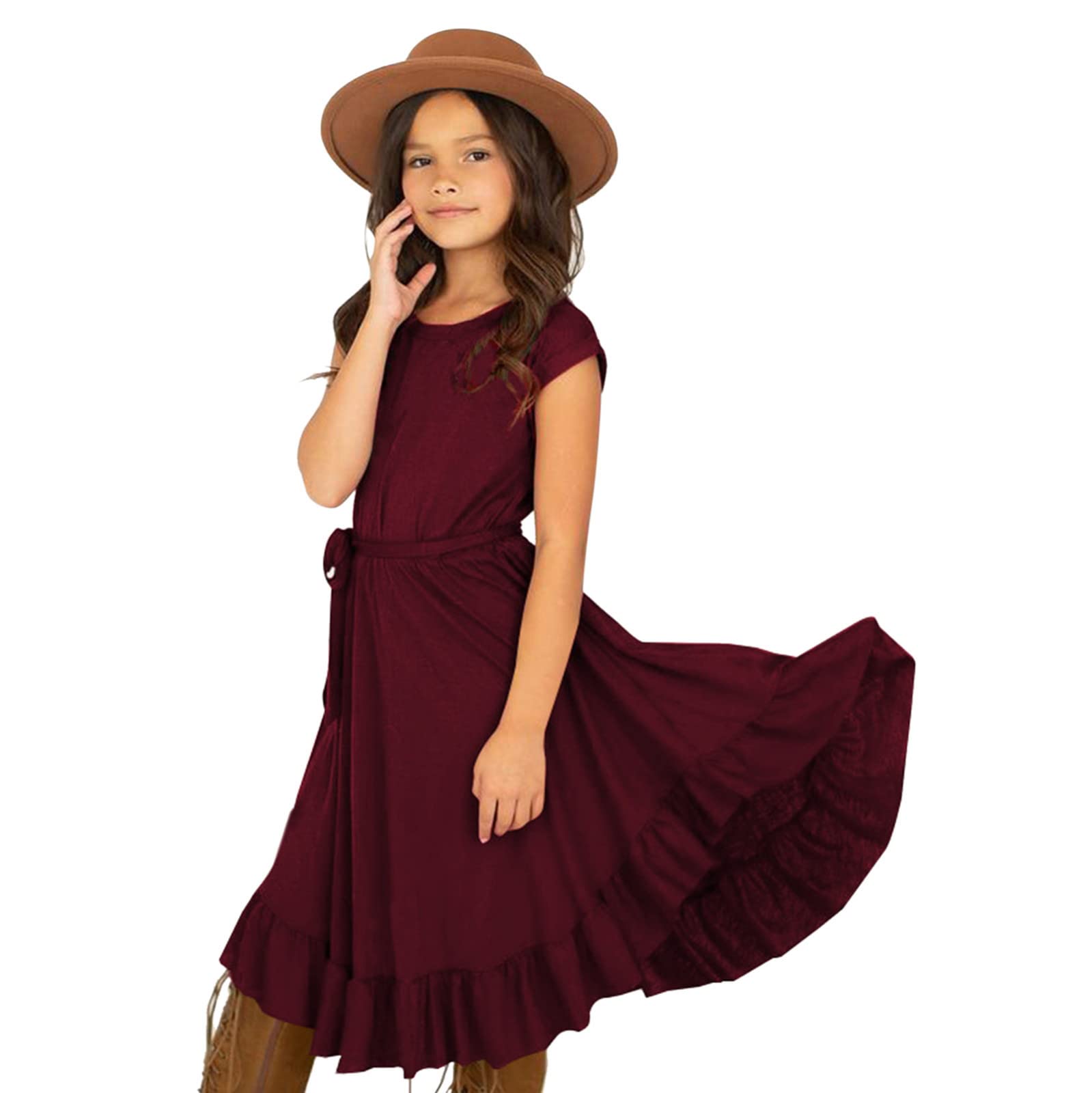 **Girls' Summer Casual Dresses | Cute Short Sleeve Tiered Flowy Ruffle Midi Dress | Crewneck A-Line Midi Dress for Kids | Perfect for Beach, Party & Everyday Wear**