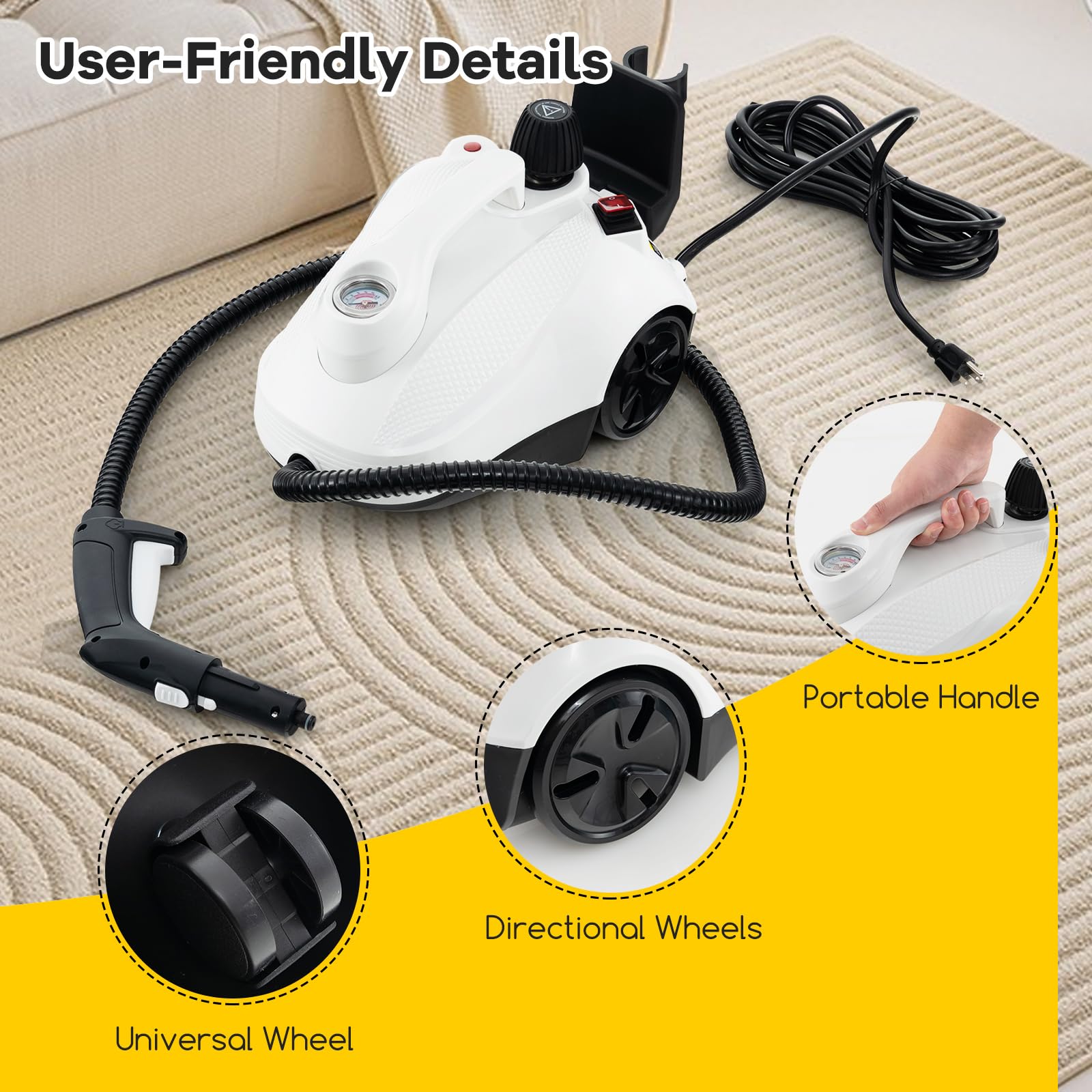 COSTWAY 1800W Multi-Purpose Steam Cleaner with 61oz Tank, 15 Accessories - Portable Steamer for Upholstery, Car, Floor, Tile & Grout Cleaning | Trigger Lock & Wheels Included | Perfect for Home Deep Cleaning, Auto Detailing and Sanitizing Surfaces