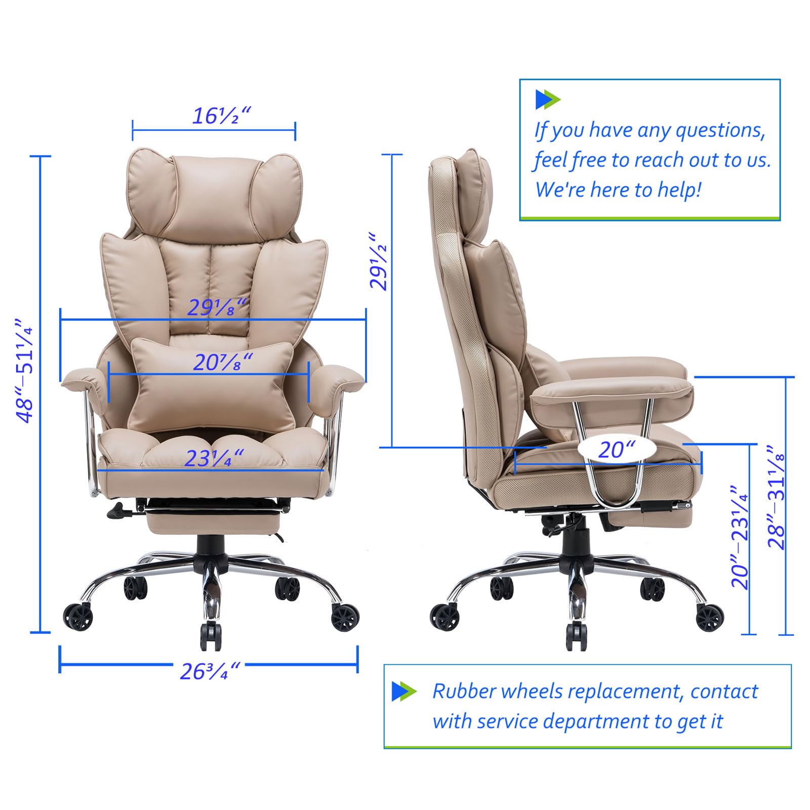Efomao 400LBS Heavy Duty Executive Office Chair - Big and Tall PU Leather Computer Desk Chair with Adjustable Lumbar Support & Footrest - Dark Beige Ergonomic Chair for Home Office, Gaming & Workspace