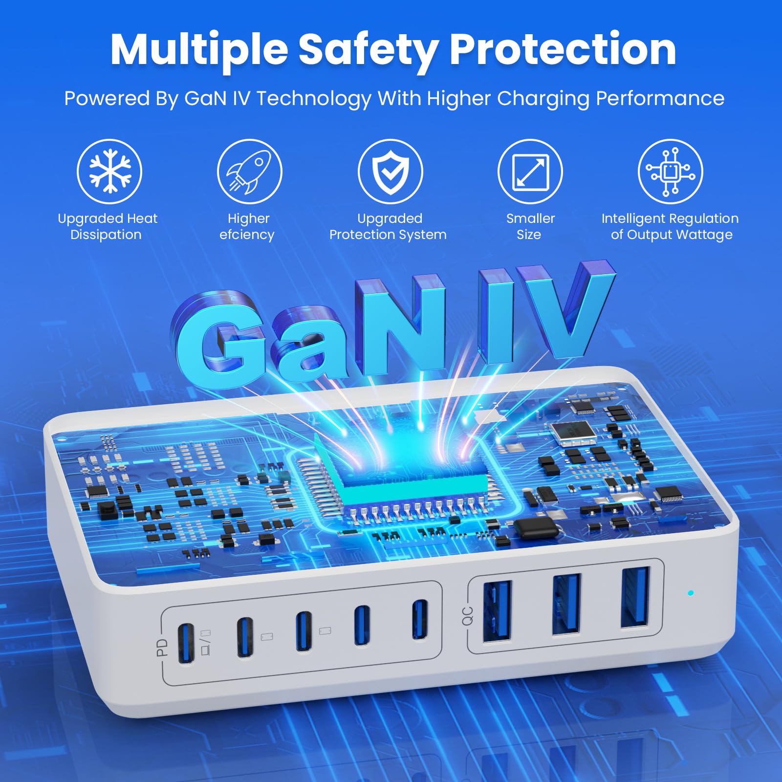 300W GaN IV Fast Charging Station with 8-Ports USB C Charger Block - PD 100W Laptop Charger Hub Compatible with MacBook/Air, Dell, Steam Deck, iPhone 16/15/14, Galaxy S24 - Perfect for Home, Office & Travel Charging Needs