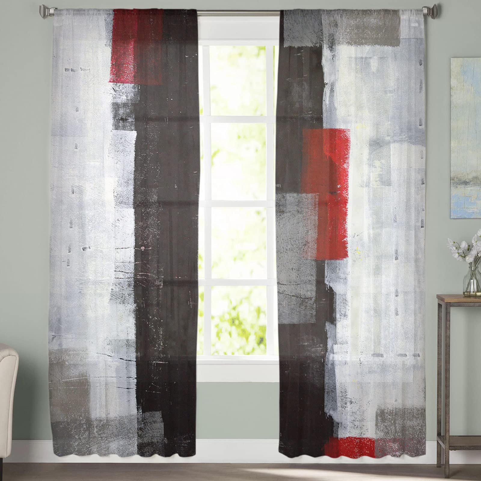 Abstract Red and Grey Semi Sheer Curtains 84 Inch Length - 2 Panels Set with Rod Pocket, 52