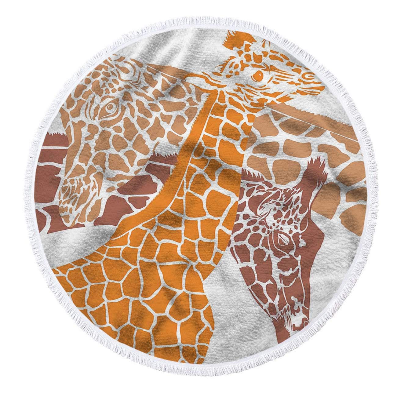 Premium Microfiber Beach Towel with 3 Giraffe Design - 63 Inch Round Blanket with Colorful African Animal Heads & Tassels for Women - Perfect for Beach, Pool, Picnics & Outdoor Adventures