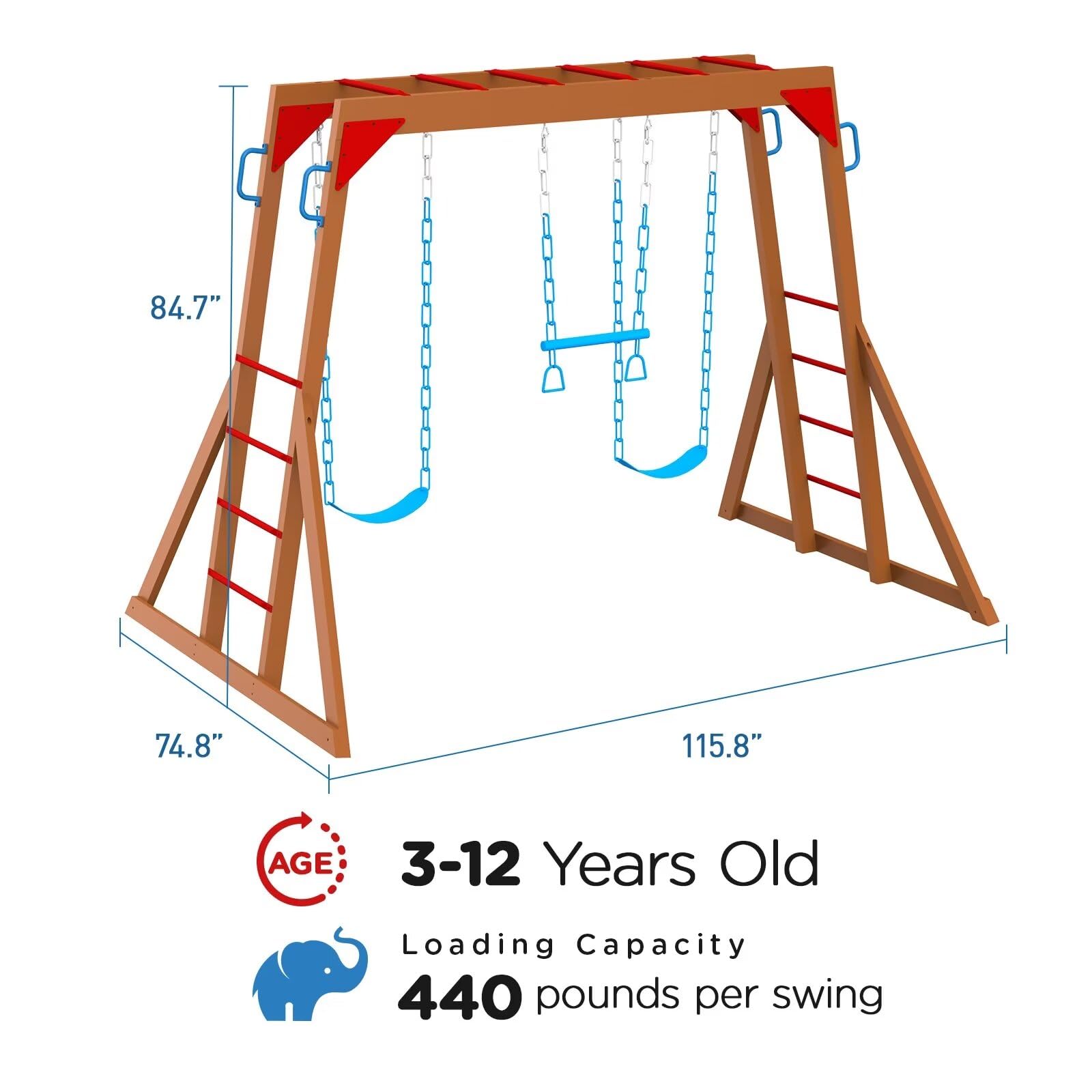 Dolphin Playground Wooden Swing Set for Backyard - Heavy Duty Outdoor Playset with Monkey Bars, Trapeze Swing & 2 Belt Swings | Kids Play Equipment for Backyards, Parks & Daycare Centers