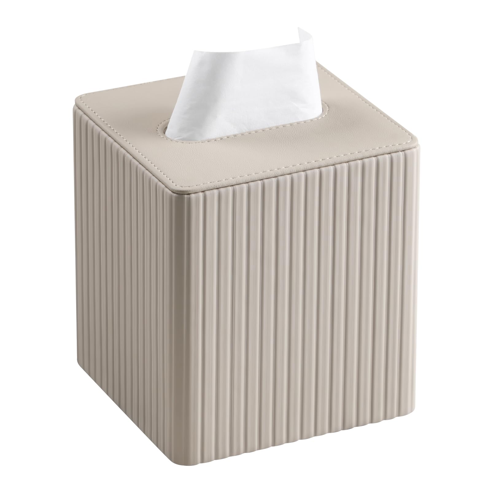 Premium PU Leather Square Tissue Box Cover with Magnetic Closure - Elegant Beige Stripe Design for Home, Office & Car Decor | Water-Resistant & Dustproof Organizer
