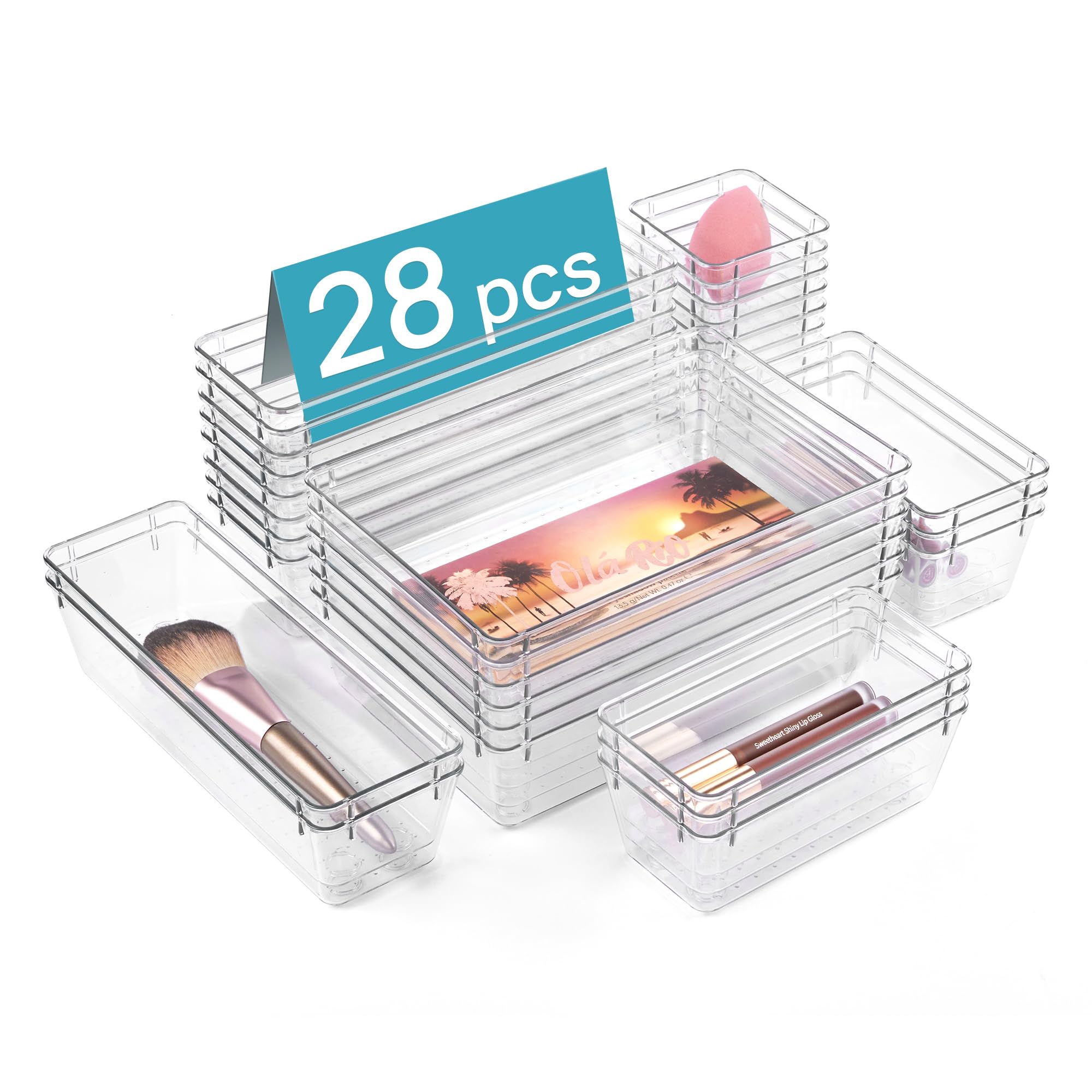 Vtopmart 28-Piece Clear Plastic Drawer Organizer Set - 4-Size Bathroom & Vanity Storage Trays | Acrylic Organizer Bins for Toiletries, Makeup, Cosmetics, Kitchen Utensils, Tools & Gadgets | Perfect for Bathroom Counter, Dresser Drawers & Closet Organization