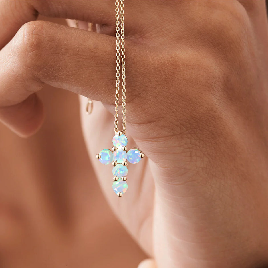 White Opal Gemstone Cross Pendant Necklace - Elegant Silver Jewelry for Women - Perfect for Gifts, Weddings & Everyday Wear