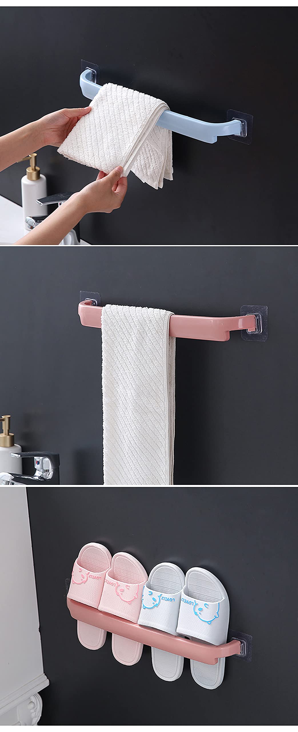 XIBO Self-Adhesive Wall Mounted Towel Rack - Plastic Bathroom Shelf & Hanger Organizer for Kitchen, Bathroom - Multi Color (2 Pack) - Perfect for Small Spaces, Apartments & Dorm Rooms