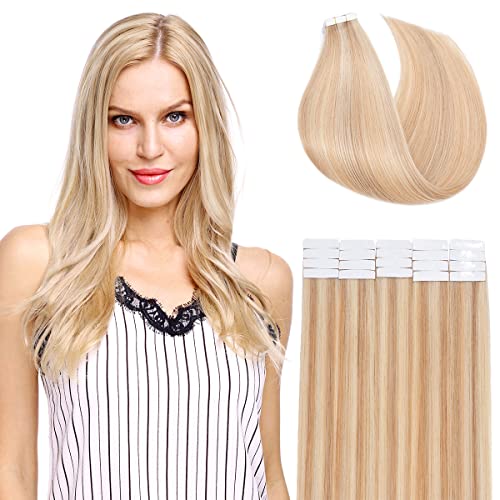 Premium 24 Inch Tape in Hair Extensions - 20Pcs 50g Real Human Hair, Ash Blonde to Bleach Blonde, Seamless Skin Weft for Natural Look | Perfect for Daily Wear, Parties & Special Occasions