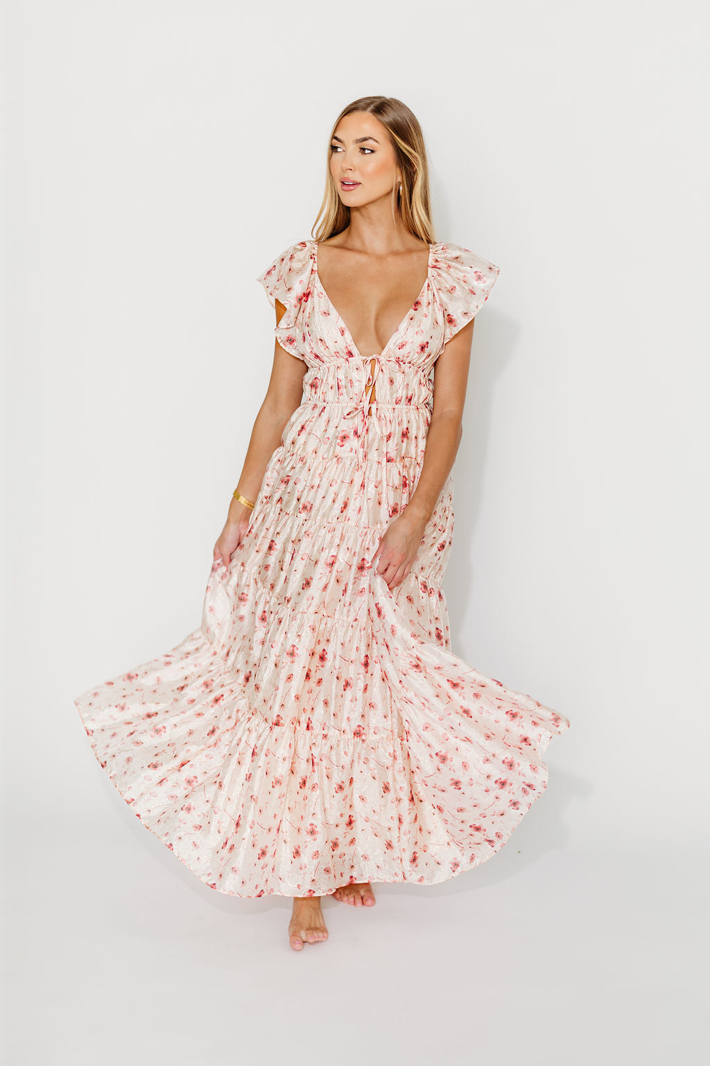 Enchanted Floral & Gingham Ruffled Maxi Dress in Pink Rose - Elegant Summer Dress for Beach Wedding, Vacation & Boho Party