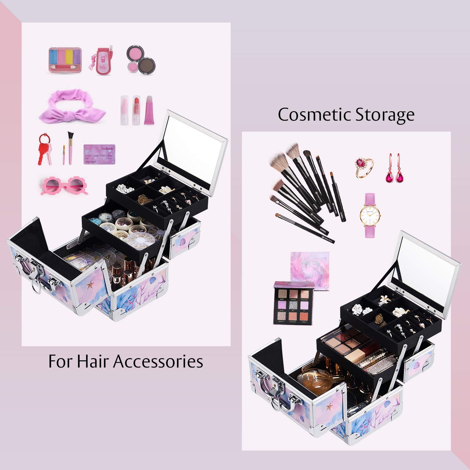 Joligrace Lockable Makeup Train Case for Girls - 2-Tier Cosmetic Organizer with Mirror | Jewelry & Hair Accessories Storage | Perfect for Travel, Birthday Gifts & Princess Themed Rooms (Mermaid Design)