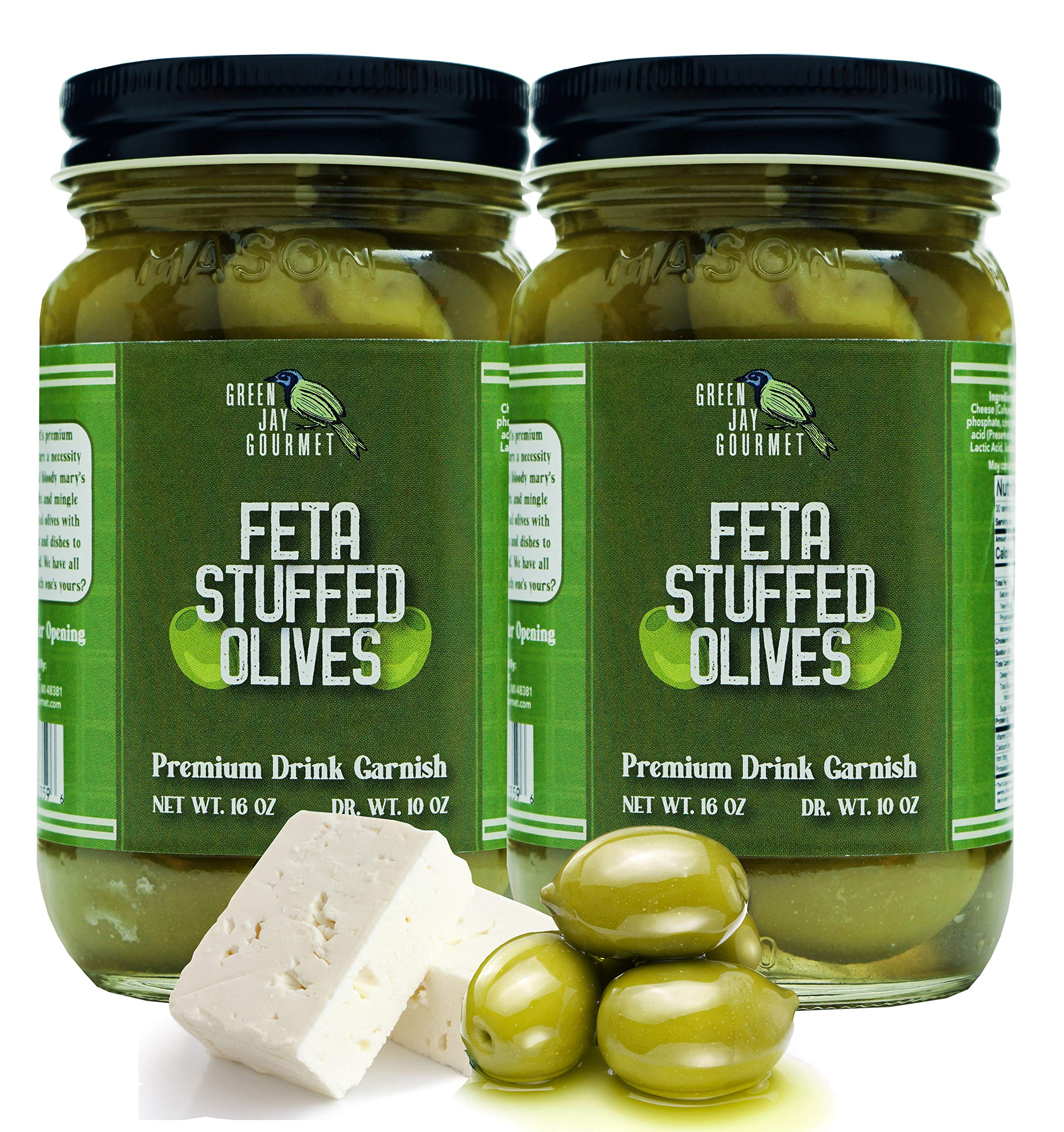 Premium Feta Cheese Stuffed Green Olives - All Natural Gourmet Olives for Cocktails, Cheese Boards & Dirty Martinis - Large Size 32oz (2 x 16oz) - Perfect for Entertaining, Charcuterie & Mediterranean Recipes
