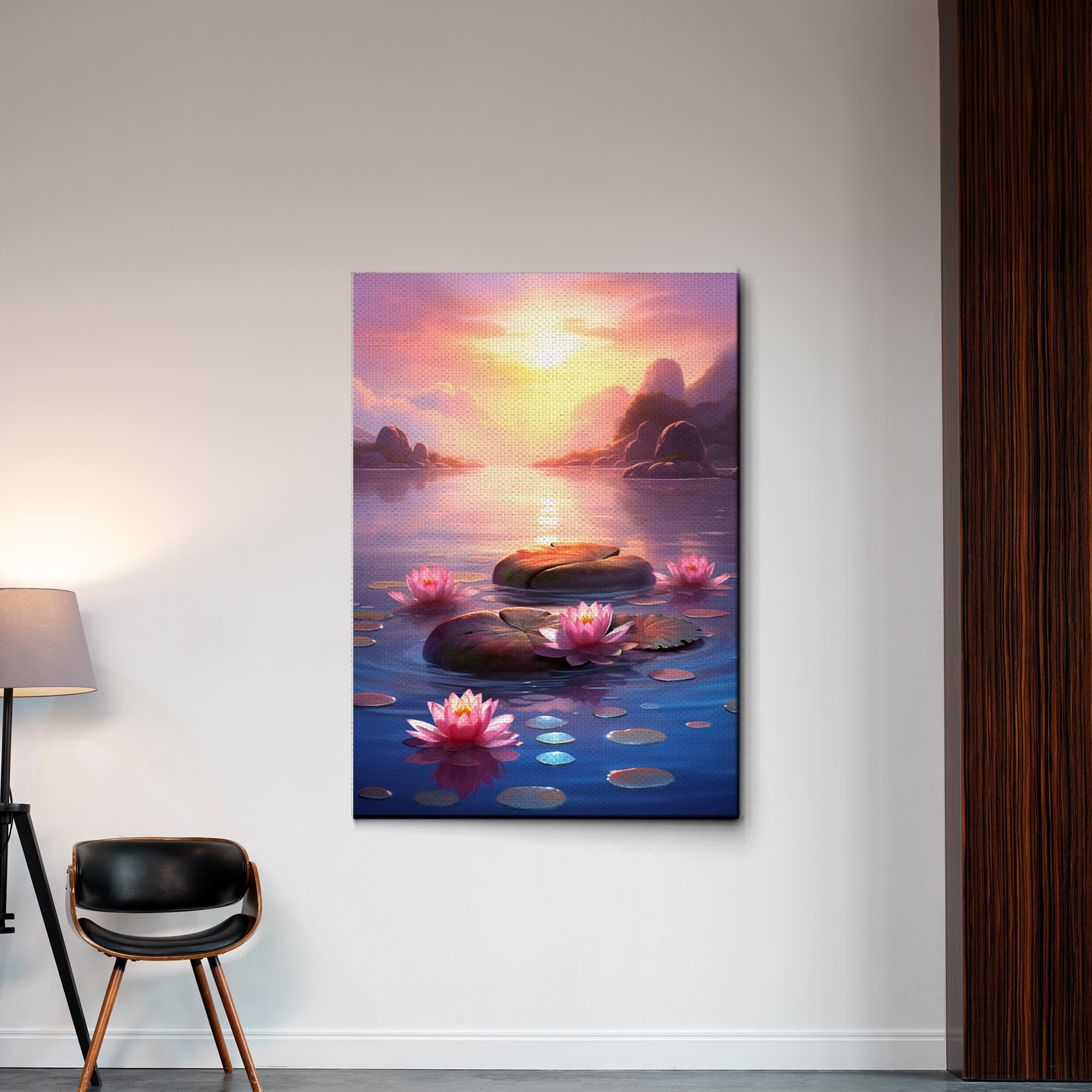 Zen Wall Art Canvas Print - Framed Zen Garden with Stone Flower & Peaceful Water Sunset Meditation Decor for Yoga Room, Living Room, and Office | Serene Scenery Home Decor