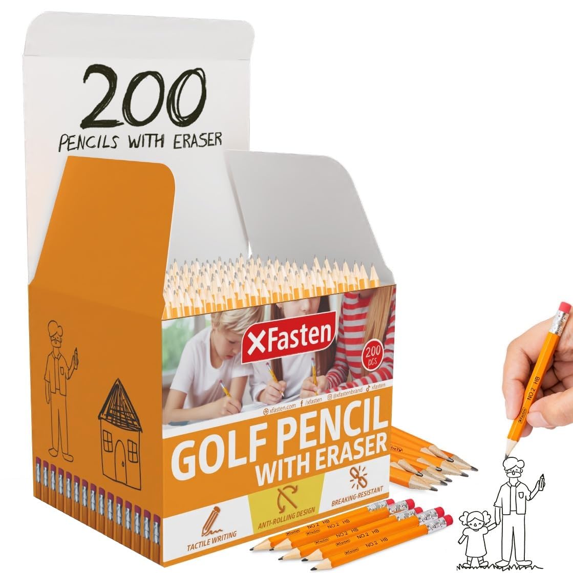 XFasten 200-Pack Presharpened HB Golf Pencils with Erasers - Bulk Mini Hexagonal Pencils for Kids, Students & Office Use - Perfect for Scorecards, Tests, Notes & Small Spaces
