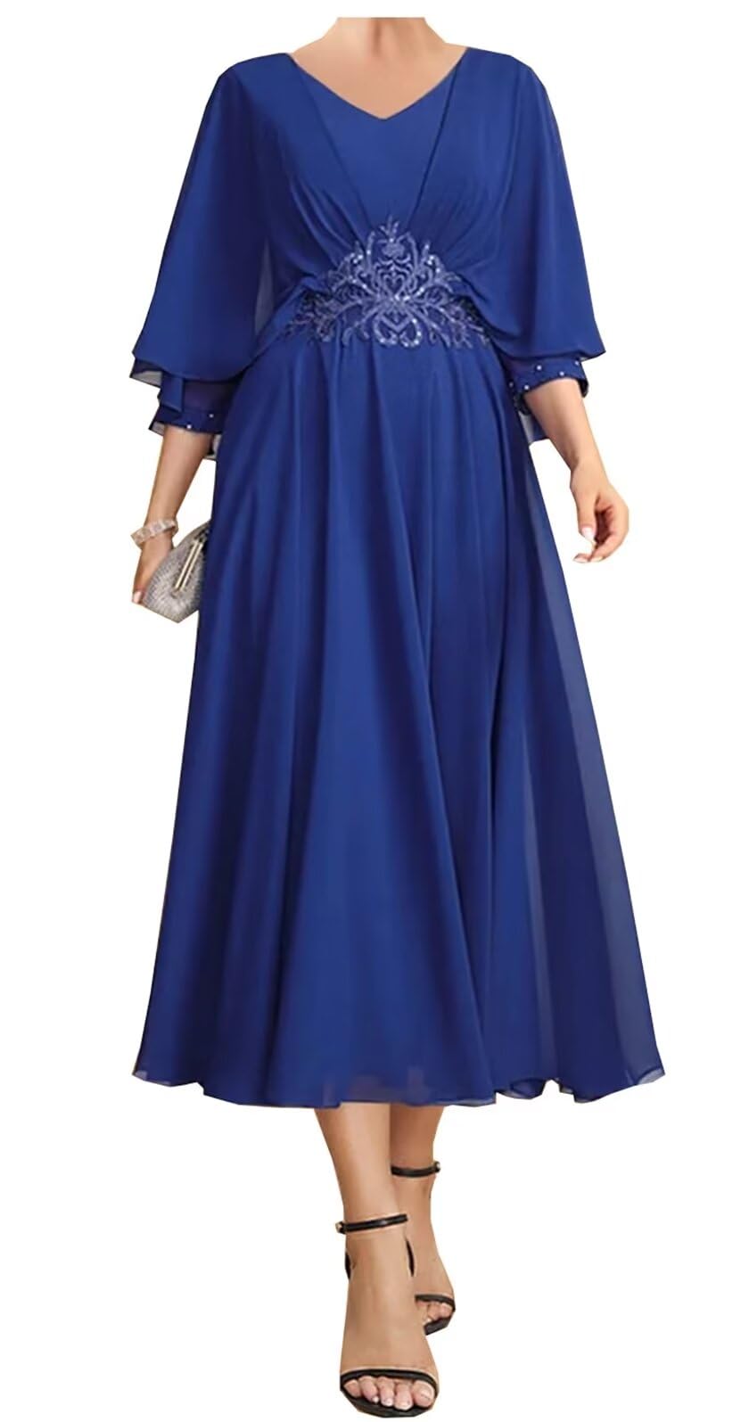 Elegant Tea-Length Mother of the Bride Dress with Sleeves | Plus Size Wedding Guest Gown for Mother of Groom | Perfect for Church Ceremonies, Garden Weddings & Formal Occasions