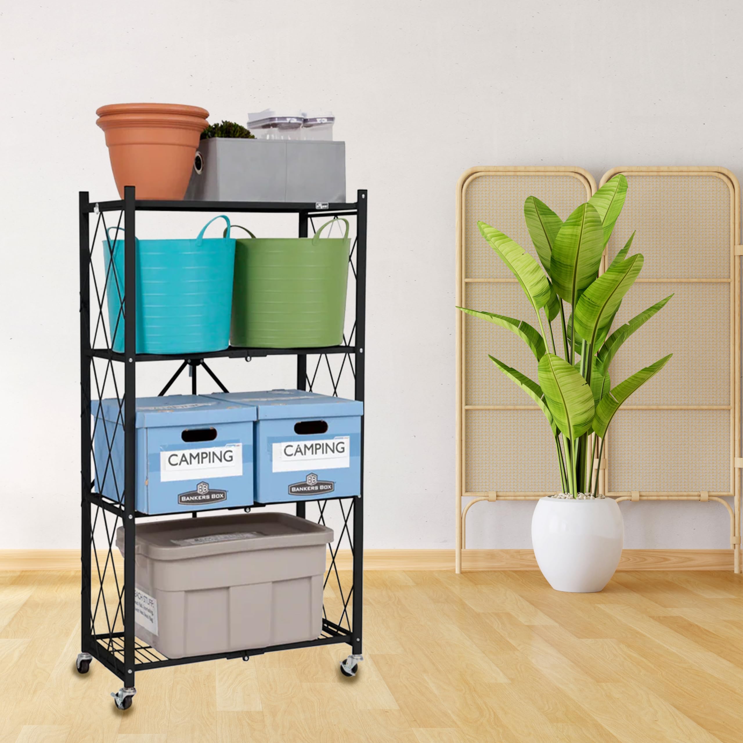 4-Tier Folding Storage Shelf Organizer with Wheels - Space Saving Origami Design for Kitchen, Garage, Pantry & Closet Organization - Heavy Duty Black Metal Shelving Unit for Home Storage Needs