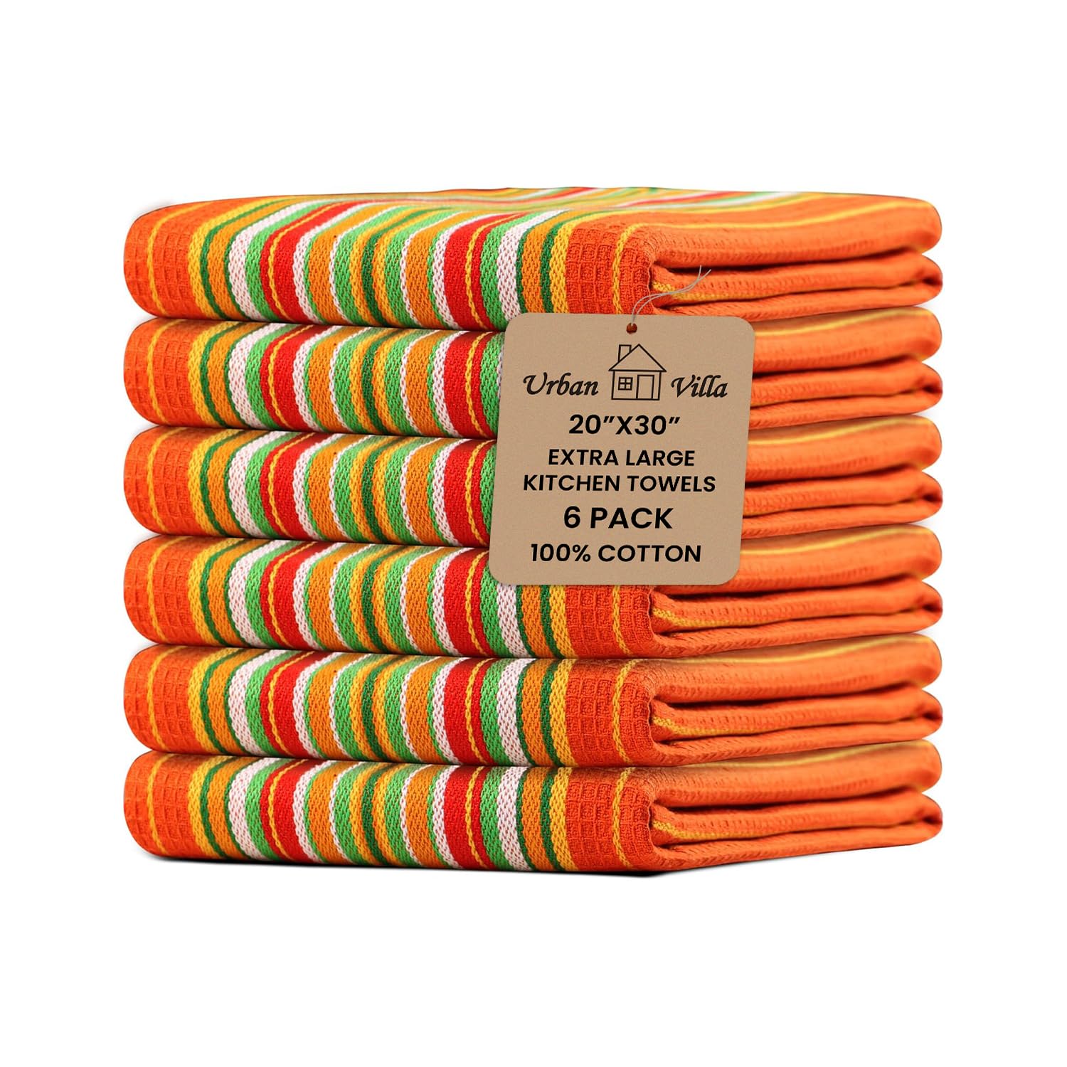 Premium 100% Cotton Waffle Weave Kitchen Towels Set of 6 - Extra Large 20x30 Inches, Super Absorbent Dish Towels with Mitered Corners for Drying Dishes, Glassware & Hands | Orange Striped Design for Modern Kitchens & Coffee Shops