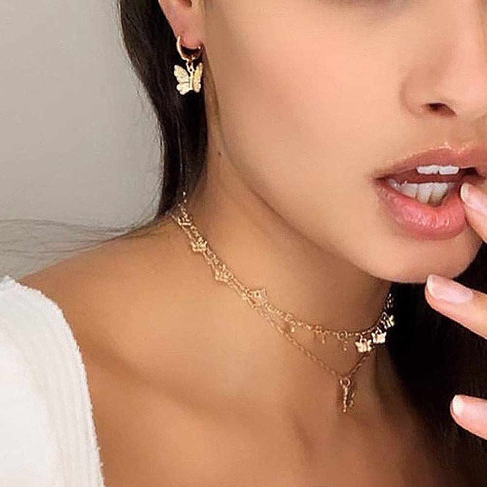 14K Gold Small Butterfly Hoop Earrings for Women - Crystal Dangle Drop Earrings with Silver Rhinestones | Elegant Jewelry for Parties, Weddings & Everyday Wear