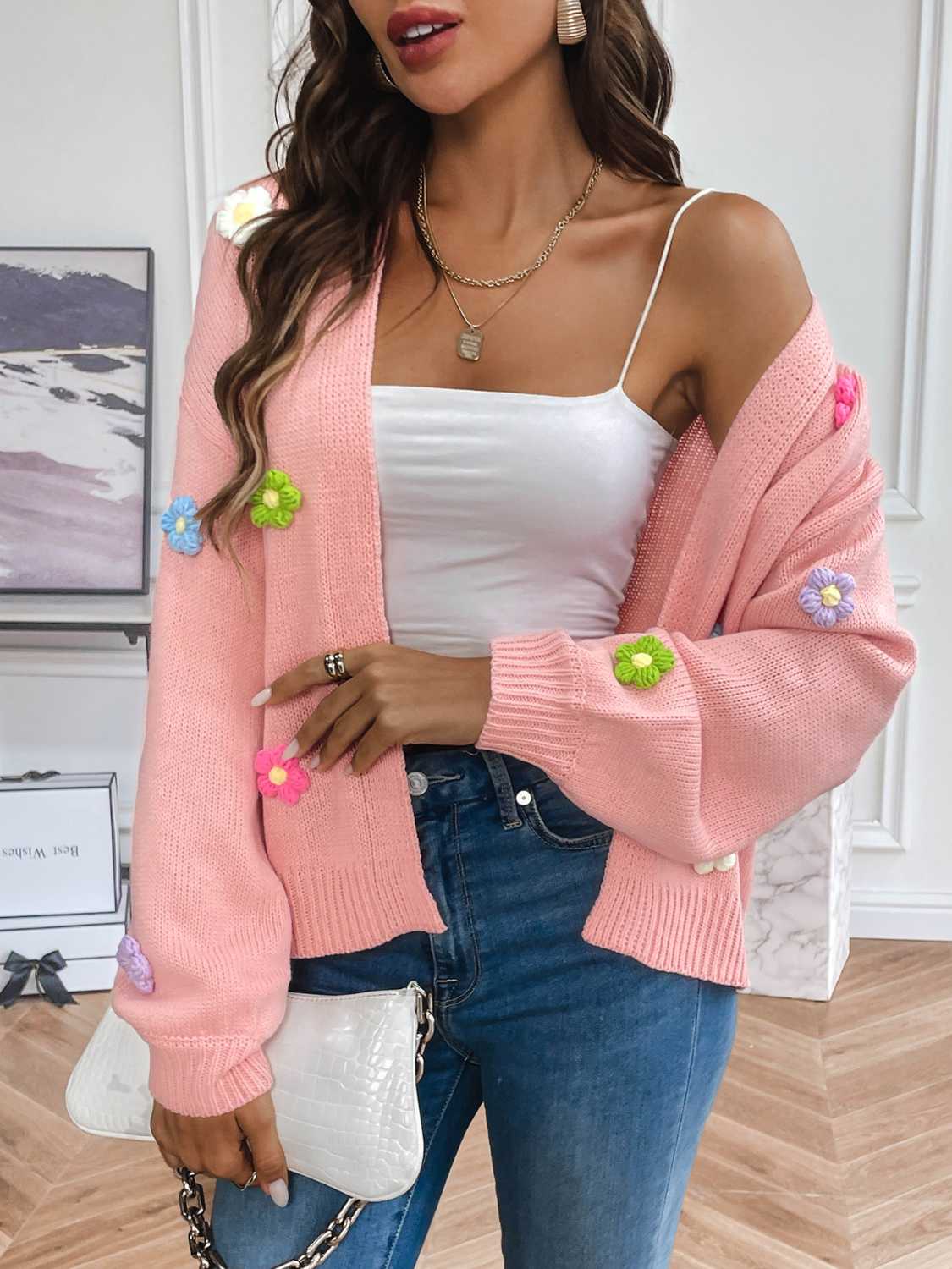 Floral Long Sleeve Open Front Cardigan for Women - Lightweight Knit Cover Up Sweater for Spring & Fall - Perfect for Office, Date Night or Casual Outfits