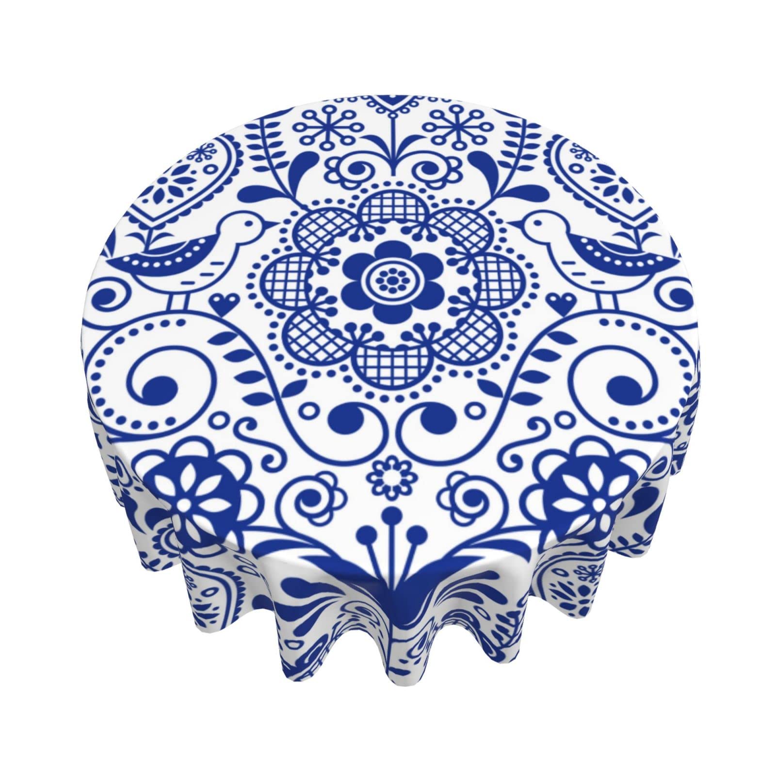 Wozukia Scandinavian Folk Art Round Tablecloth - 60 Inch Navy Blue Floral Design with Birds & Flowers, Perfect for Picnic, Party, Dining Room & Indoor/Outdoor Decor