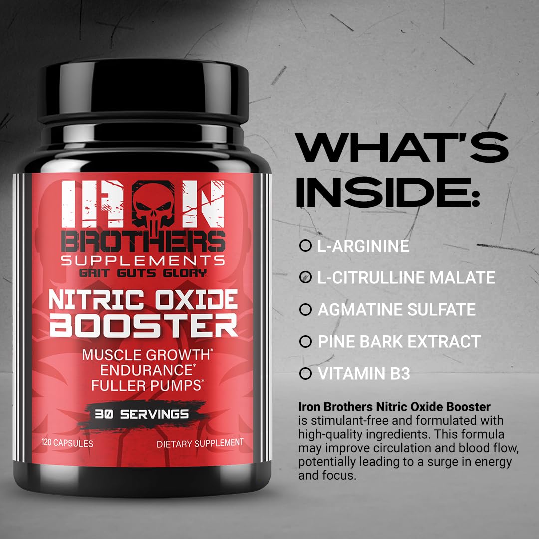 Iron Brothers Nitric Oxide Booster Supplement - Extra Strength Pre Workout with L-Arginine for Maximum Blood Flow, Vascularity & Muscle Pumps - Boost Energy & Endurance - 30 Day Supply - Perfect for Gym, Bodybuilding & Athletic Performance