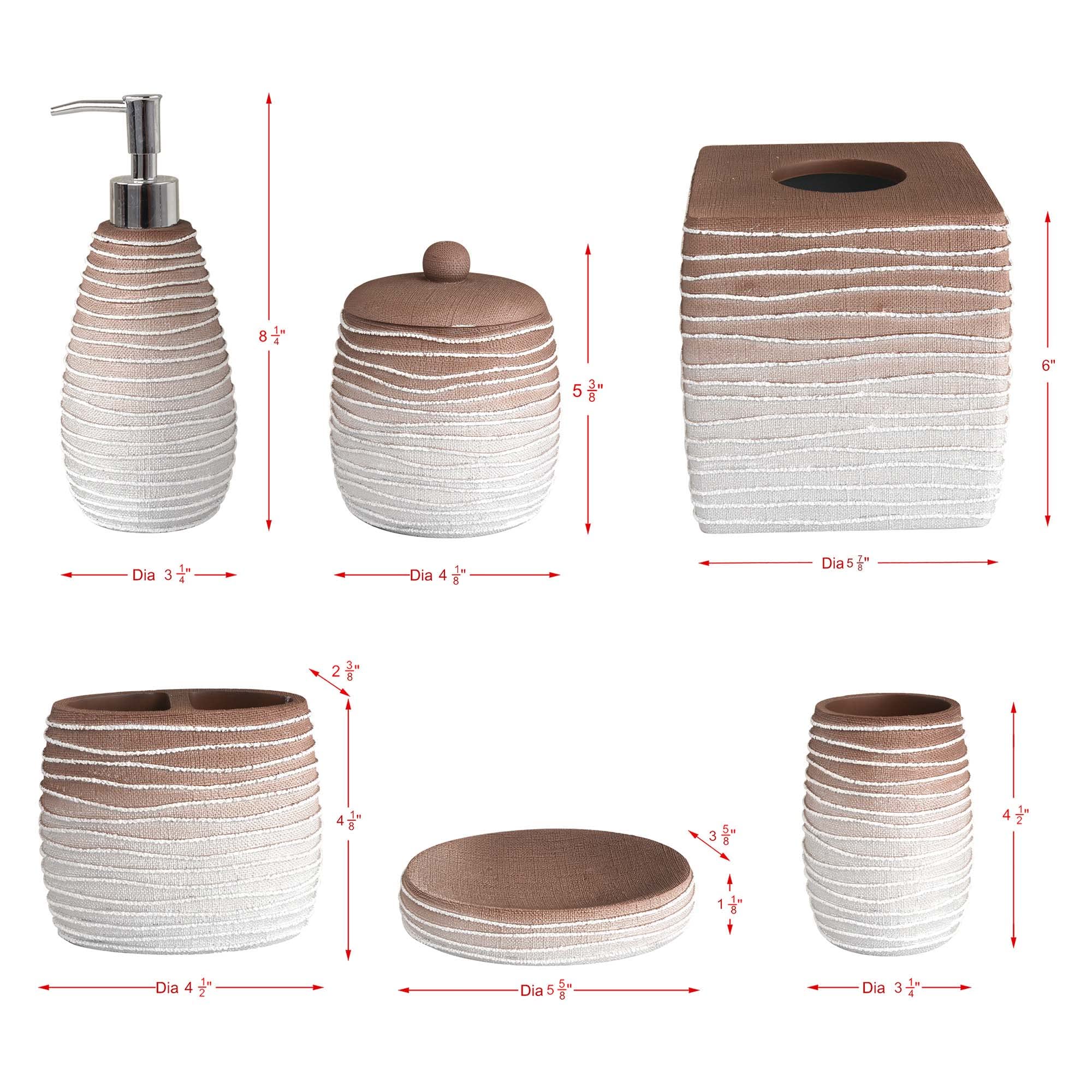 Decozen 6-Piece Modern Bathroom Accessories Set - Soap Dispenser, Countertop Essentials for Home Decor - Perfect Mother's Day & Birthday Gifts (White & Brown) - Ideal for Spa-Like Bathroom Upgrade & Housewarming Present