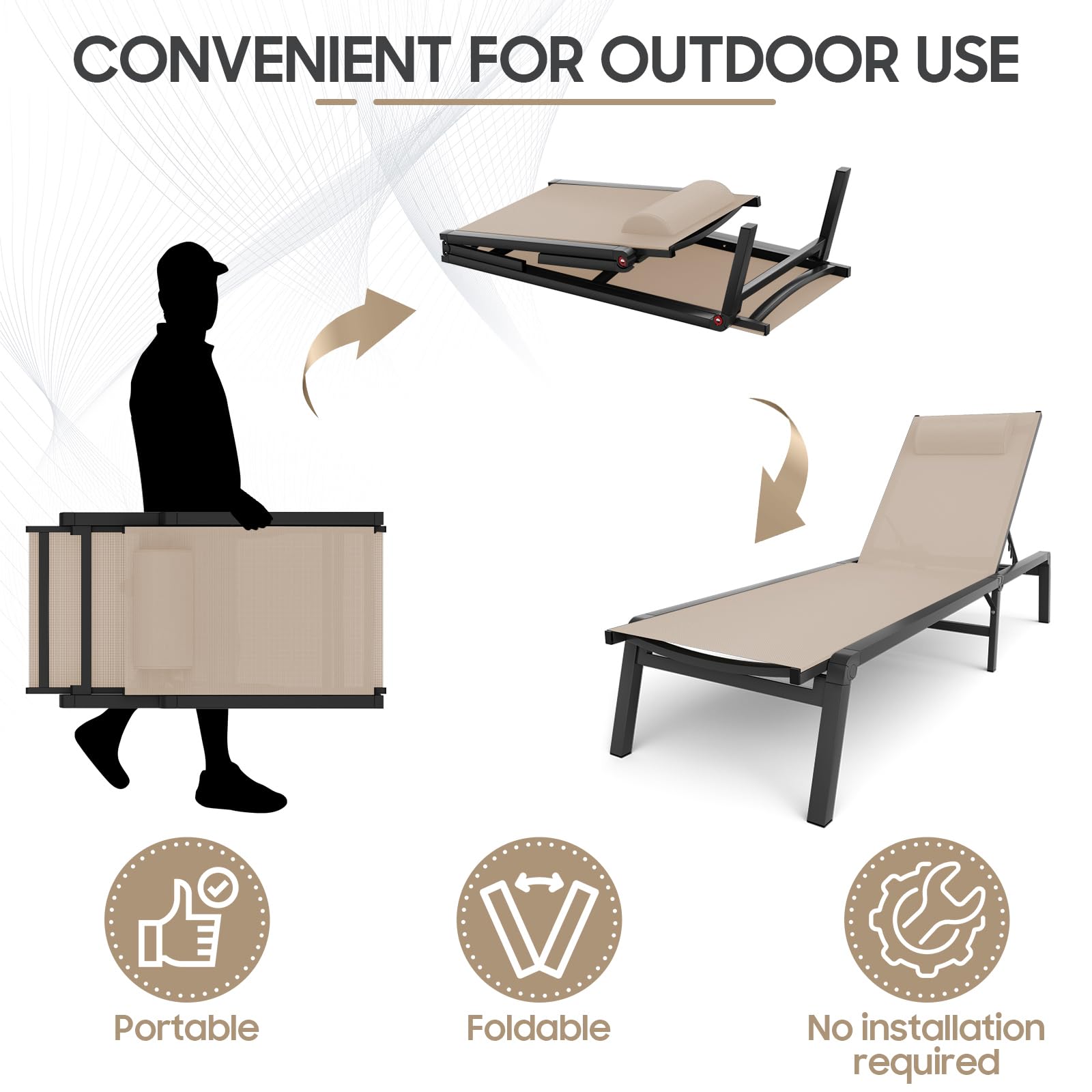 5-Position Adjustable Aluminum Folding Chaise Lounge Chair for Outdoor, Patio, Pool & Beach - Lightweight & Durable Tanning Recliner - Perfect for Sunbathing, Relaxing by the Poolside or Backyard Lounging (Khaki)