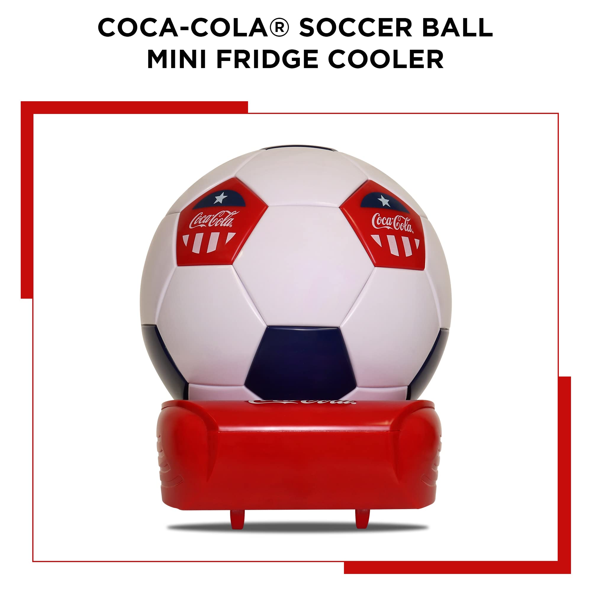 Coca-Cola Soccer Ball Mini Fridge - 5 Can Portable Beverage Cooler with Hidden Opening (White/Red/Black) | Perfect for Man Cave, Game Room, Dorm, Office & Sports Fan Gifts | Compact Fridge for Soda, Beer & Energy Drinks
