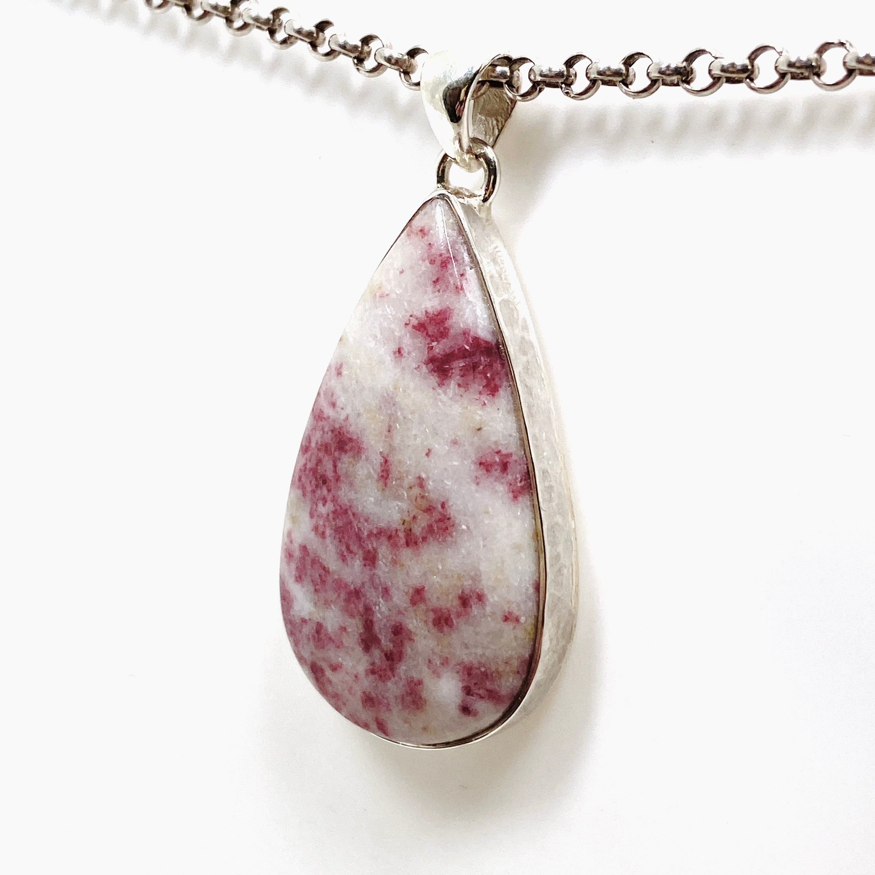 Cinnabar Teardrop Cabochon Pendant in Hammered Silver Setting - KPGJ4749 | Handmade Jewelry for Women, Boho Chic Necklace, Gift for Her | Perfect for Weddings, Parties & Special Occasions