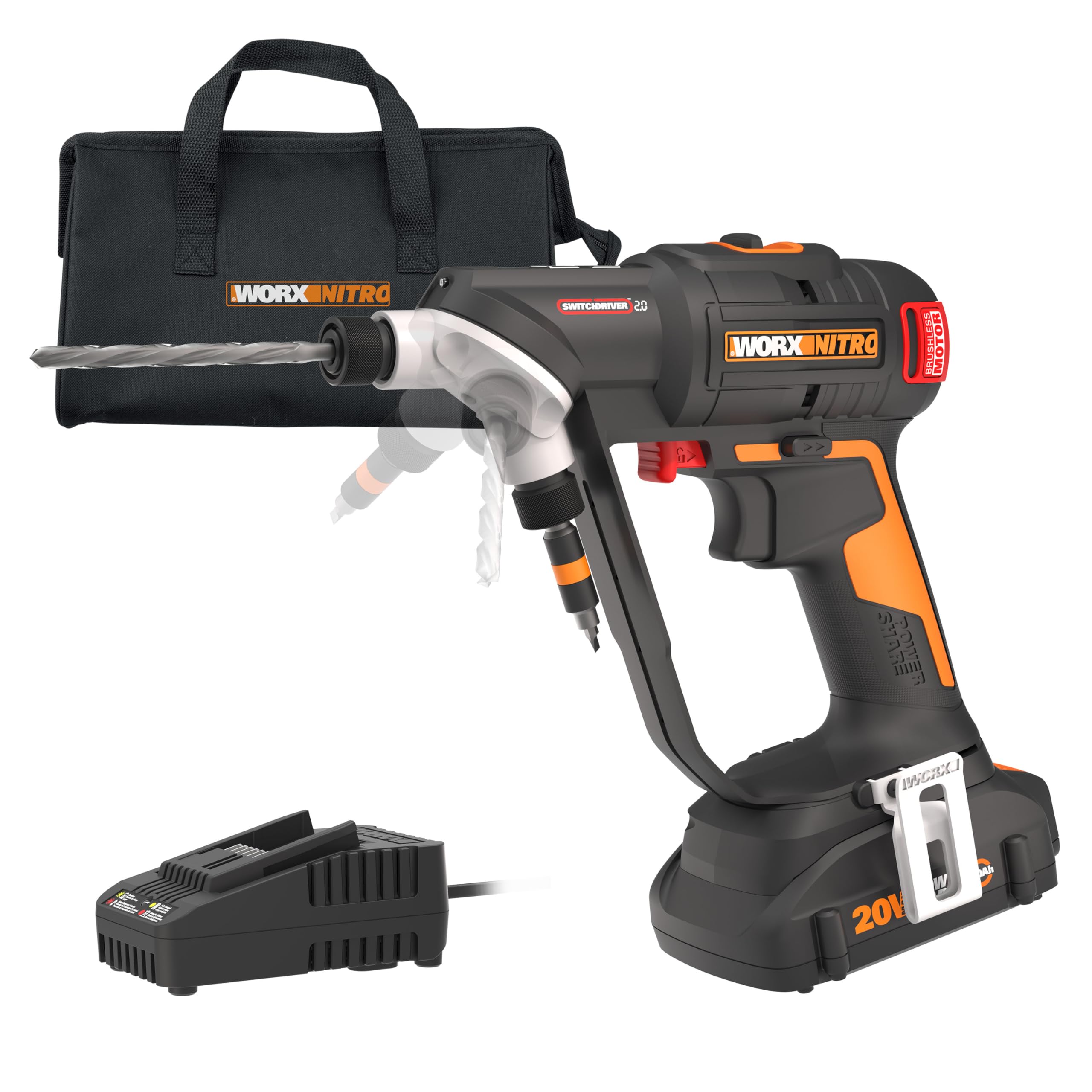 Worx Nitro 20V SwitchDriver 2.0 Brushless Cordless Drill Driver - 2-in-1 Rotating Dual 1/4