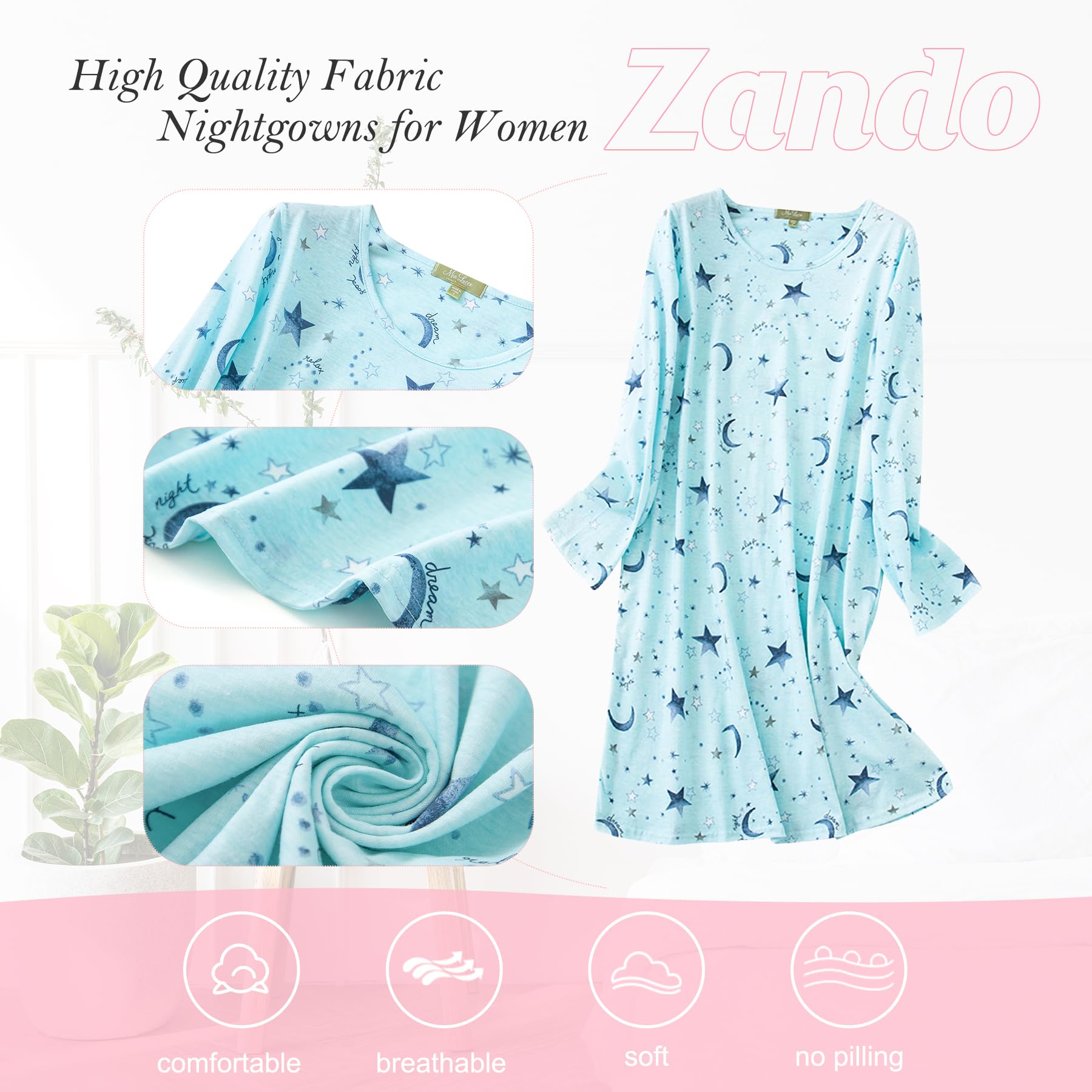 Zando Women's Long Sleeve Cotton Nightgown - Plus Size Soft Sleepwear, Cartoon Print House Dress for Ladies - Perfect for Sleeping, Lounging & Relaxing at Home